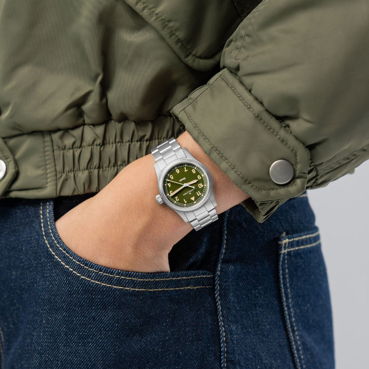 Hamilton Khaki Field Quartz Green Dial Steel Strap Unisex Watch H69301160