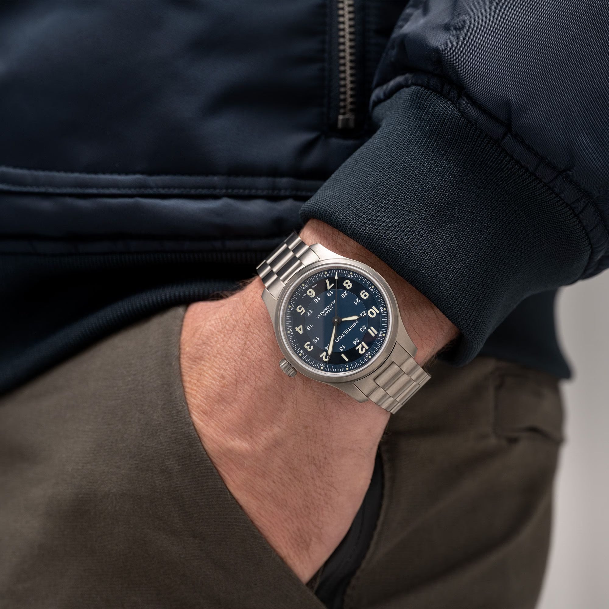 Hamilton Khaki Field Titanium Automatic Blue Dial Titanium Bracelet Men's Watch H70545140