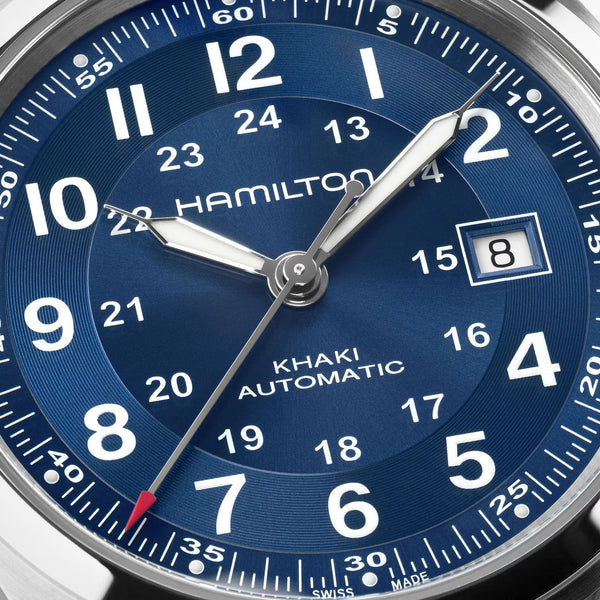 Hamilton Khaki Field H70605540 blue sunray dial with snailing effect and date close-up