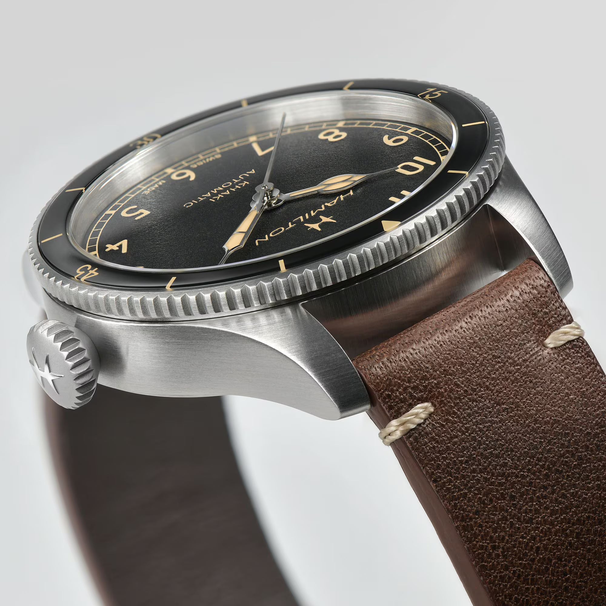Hamilton Khaki Aviation Pilot Pioneer Automatic Black Dial Brown Leather Strap Men's Watch H76205530