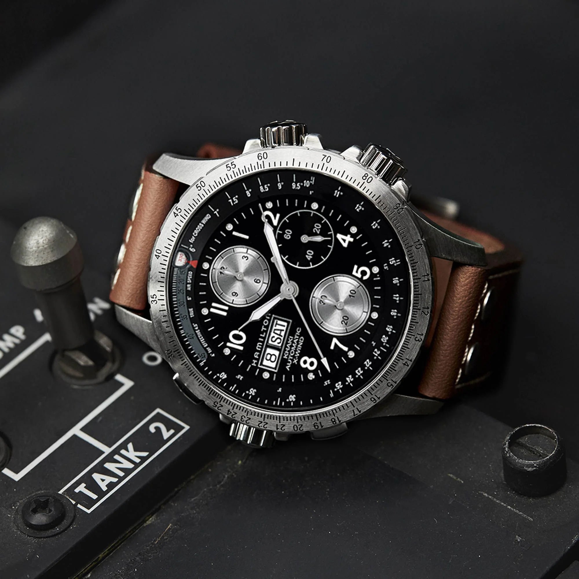 Hamilton Khaki Aviation X-Wind Automatic Chronograph Black Dial Brown Leather Strap Men's Watch H77616533 - WatchNation