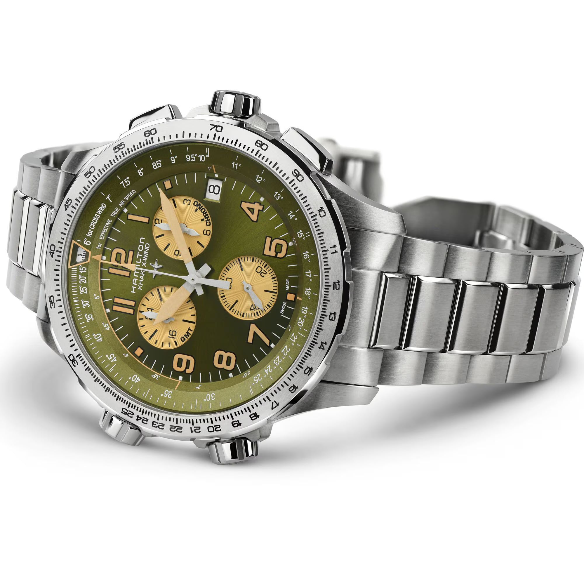 Hamilton Khaki X-Wind GMT Chrono Quartz Green Dial Steel Strap Men's Watch H77932160