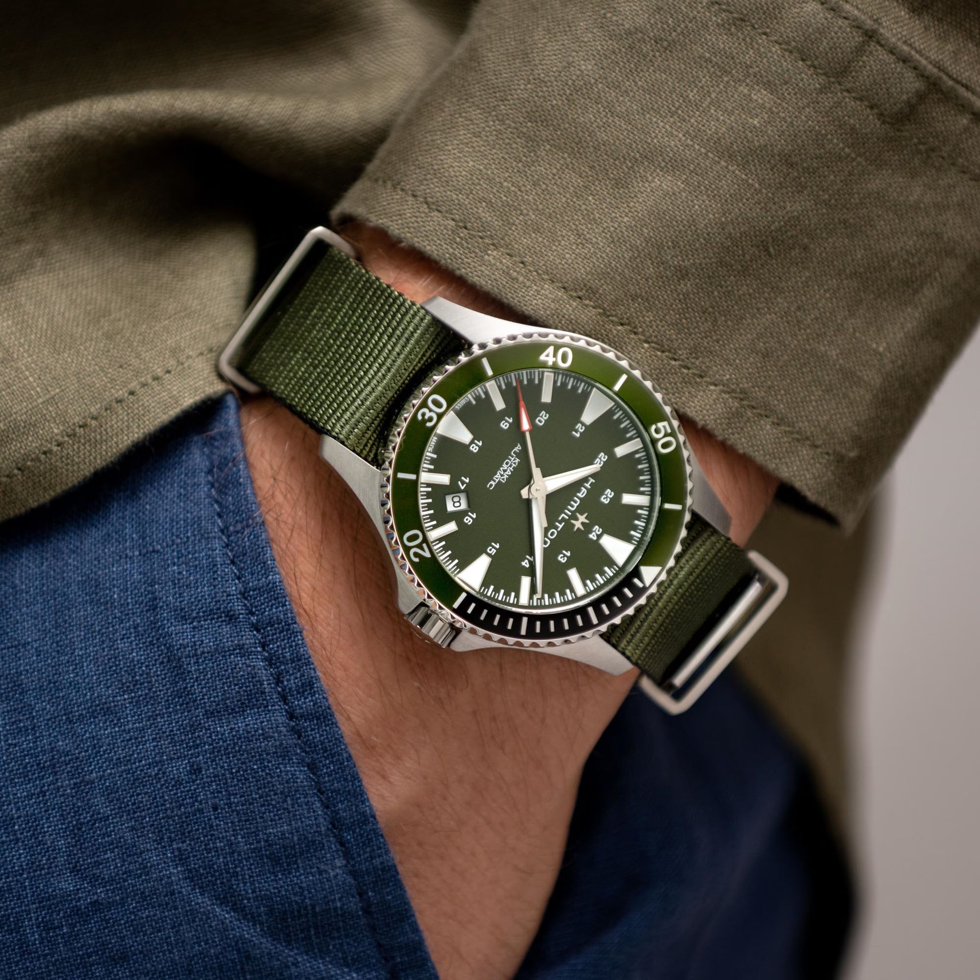 Hamilton Khaki Navy Scuba Automatic Green Dial Green NATO Strap Men's Watch H82375961