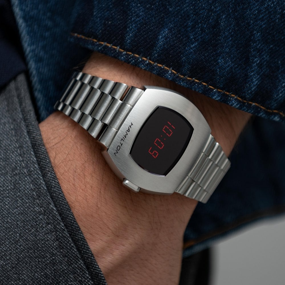 Hamilton American Classic PSR Red Digital Quartz Black Dial Silver Steel Bracelet Men's Watch H52414130