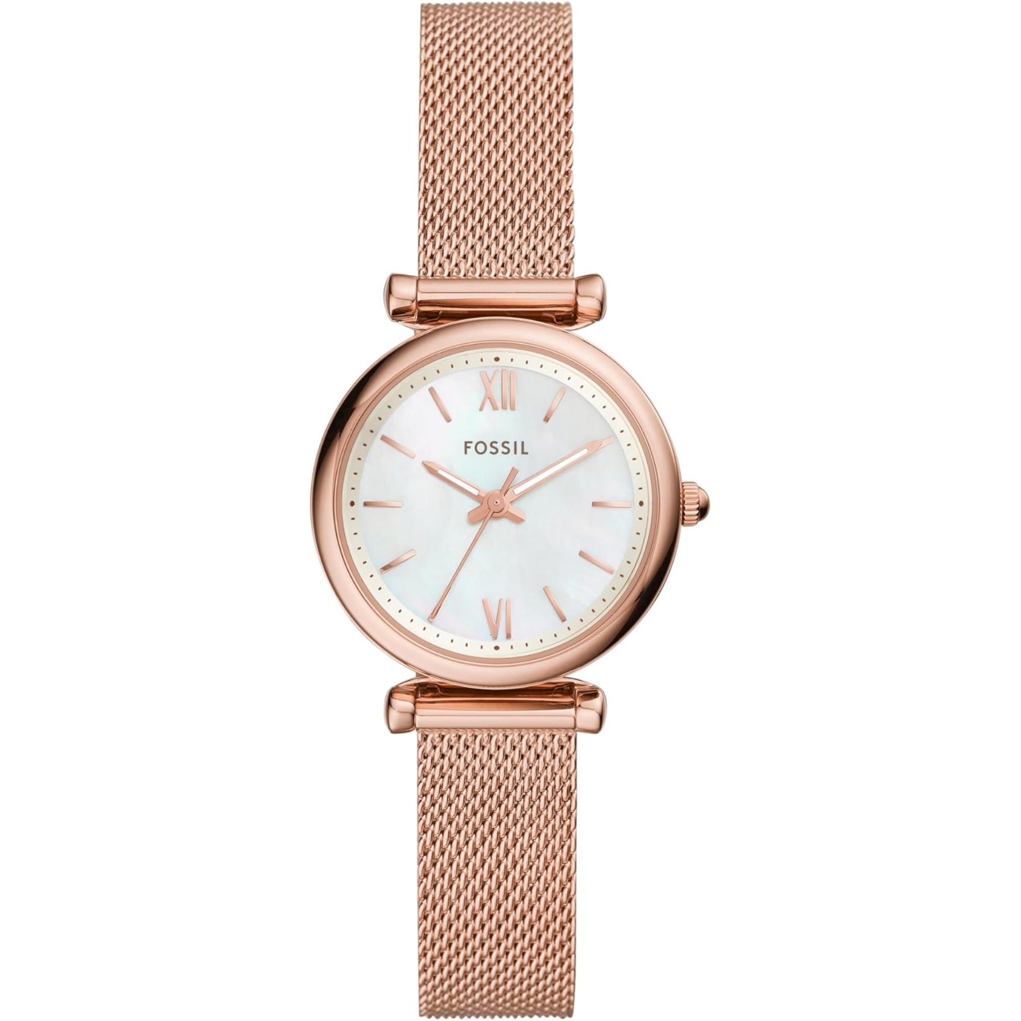 Fossil Carlie Mini Rose Gold-Tone Stainless Steel Mesh Bracelet White Mother of Pearl Dial Women's Watch ES4433
