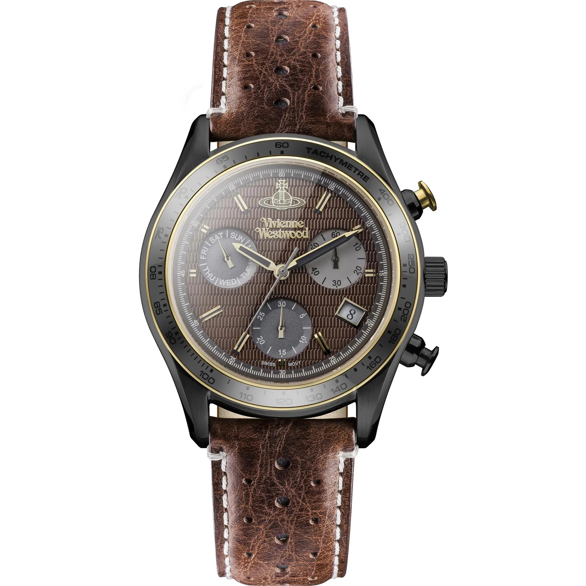 Vivienne Westwood Sotheby Brown Leather Strap Gunmetal Men's Chronograph VV142BRBR - WatchNation