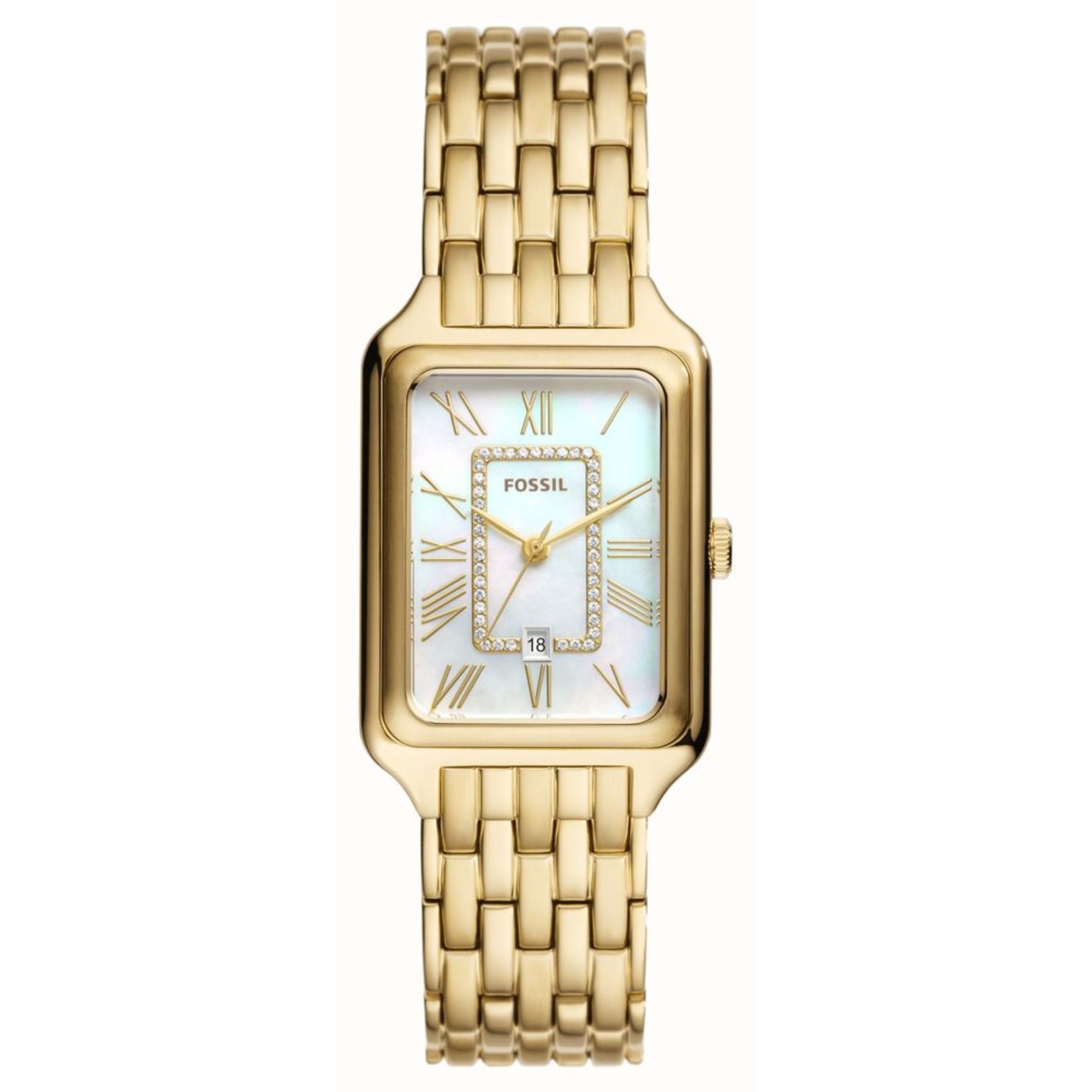 Fossil Raquel Date Gold-Tone Stainless Steel White Mother of Pearl Dial Women’s Watch ES5304
