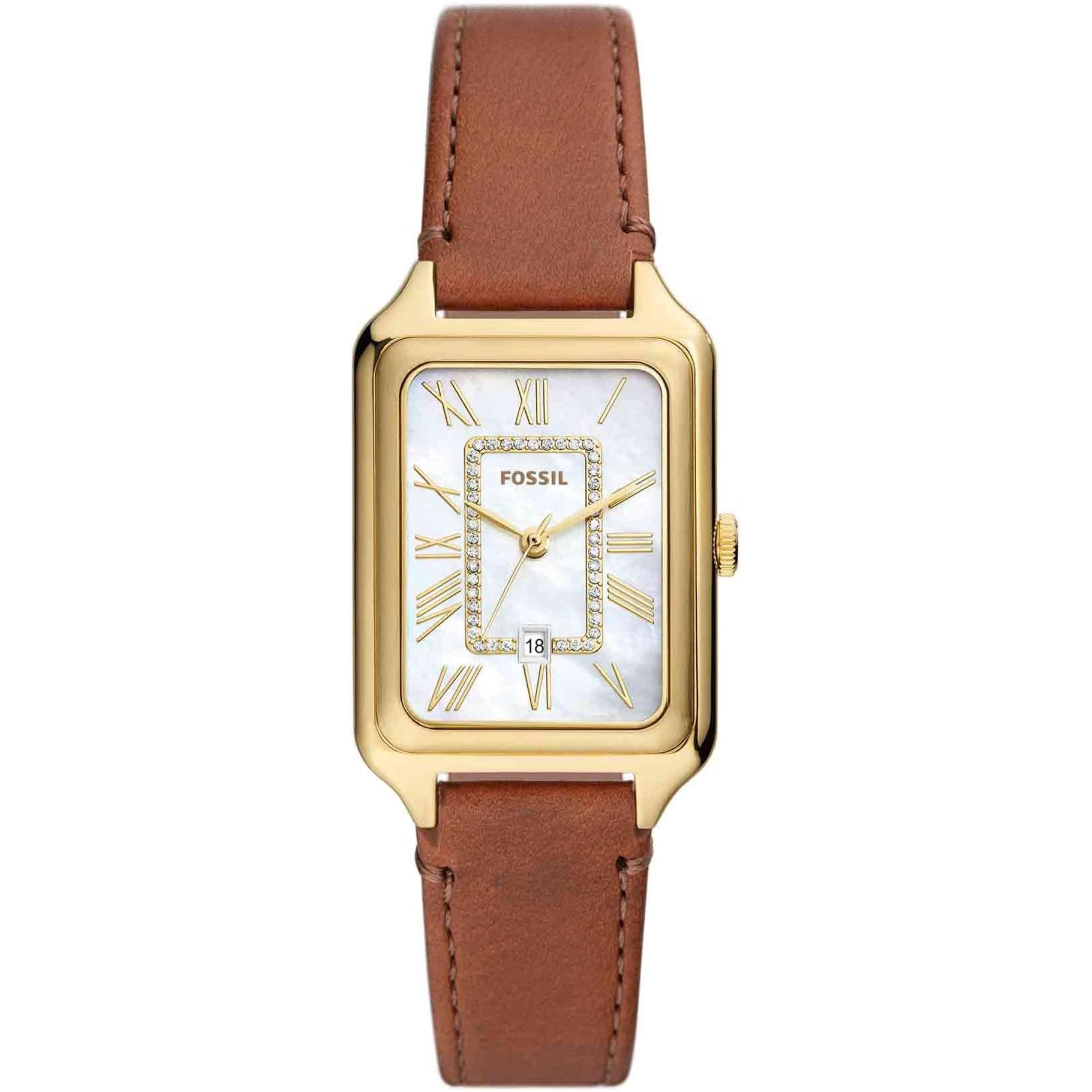 Fossil Raquel Date Medium Brown Leather White Mother of Pearl Dial Women’s Watch ES5307