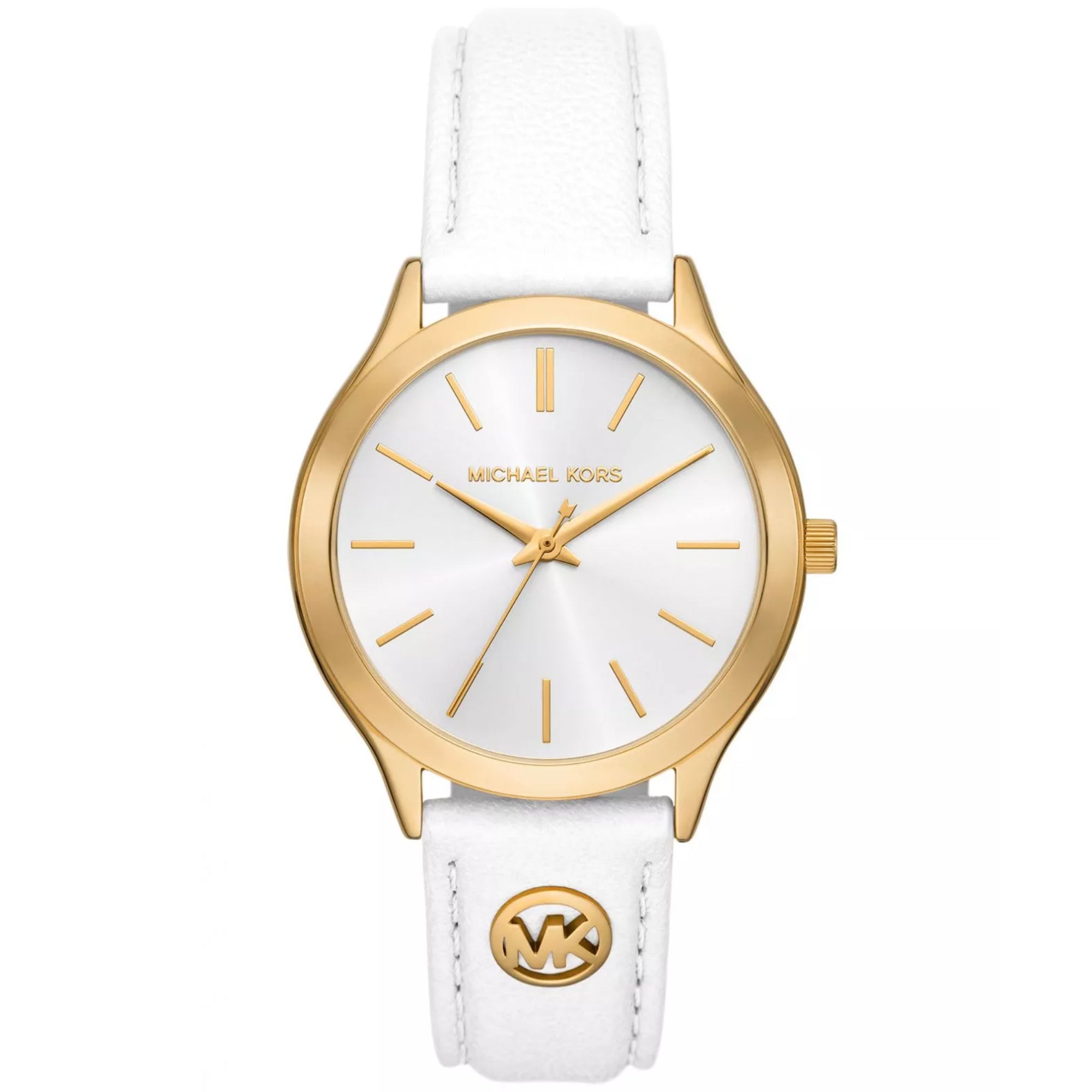Michael Kors Slim Runway White Leather Strap Gold-Tone Case Silver Dial Women's Watch MK7466