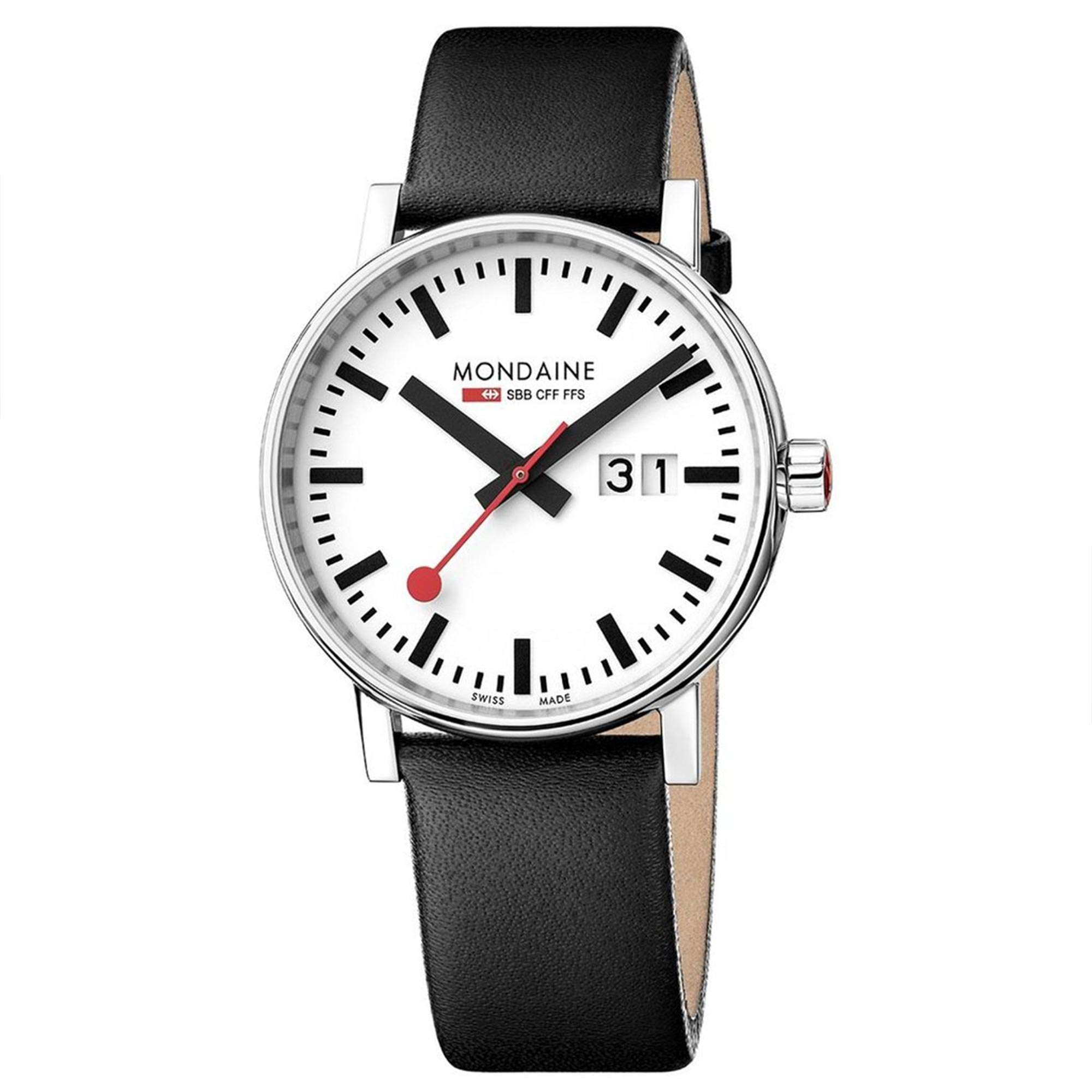 Mondaine evo2 Big Black Leather Strap White Dial Unisex Watch MSE.40210.LB