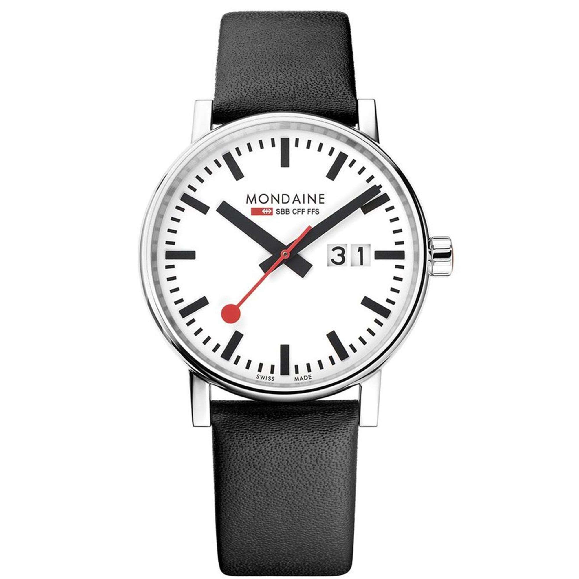 Mondaine evo2 Big Black Leather Strap White Dial Unisex Watch MSE.40210.LB