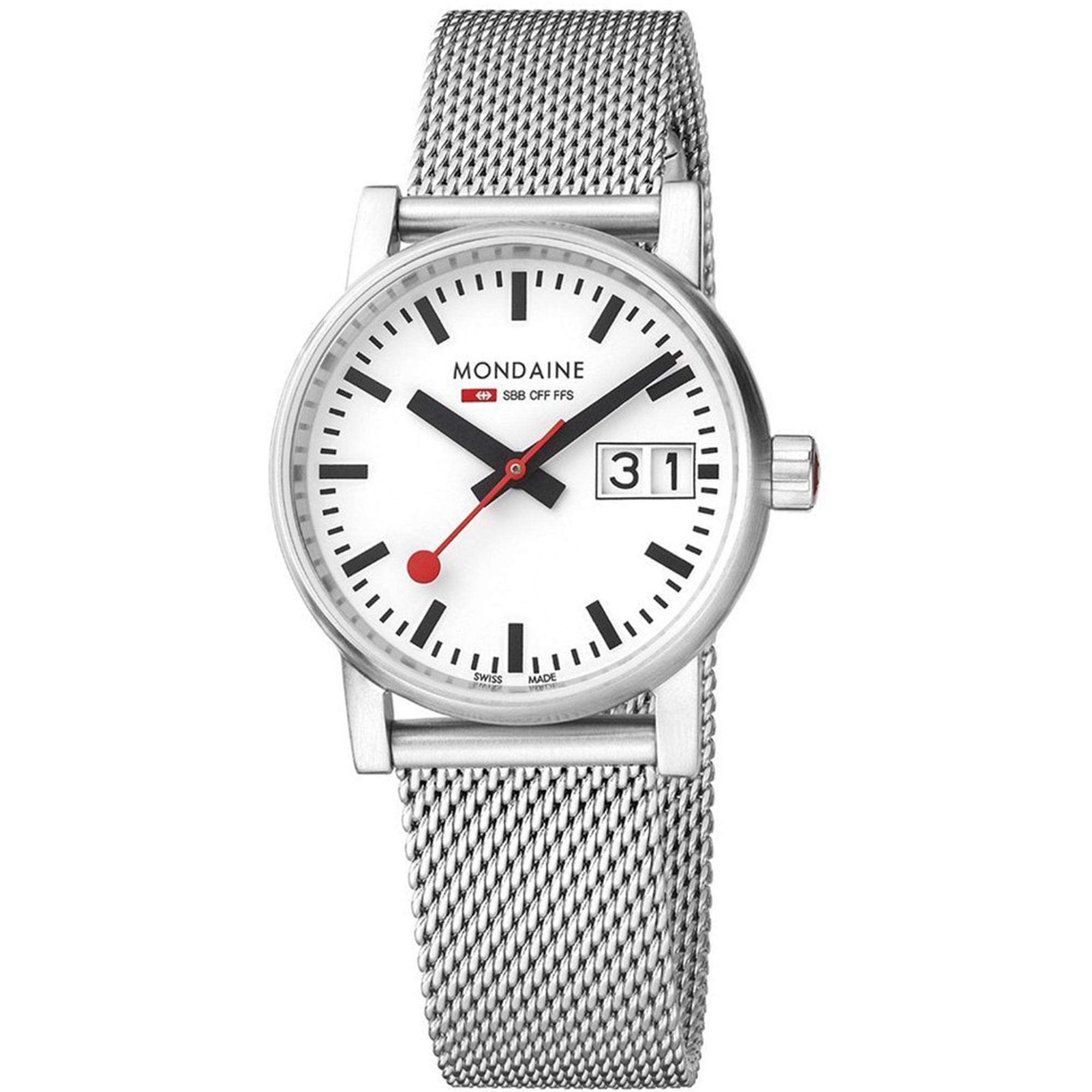 Mondaine evo2 Big Stainless Steel Case Mesh Bracelet White Dial Ladies Watch MSE.30210.SM