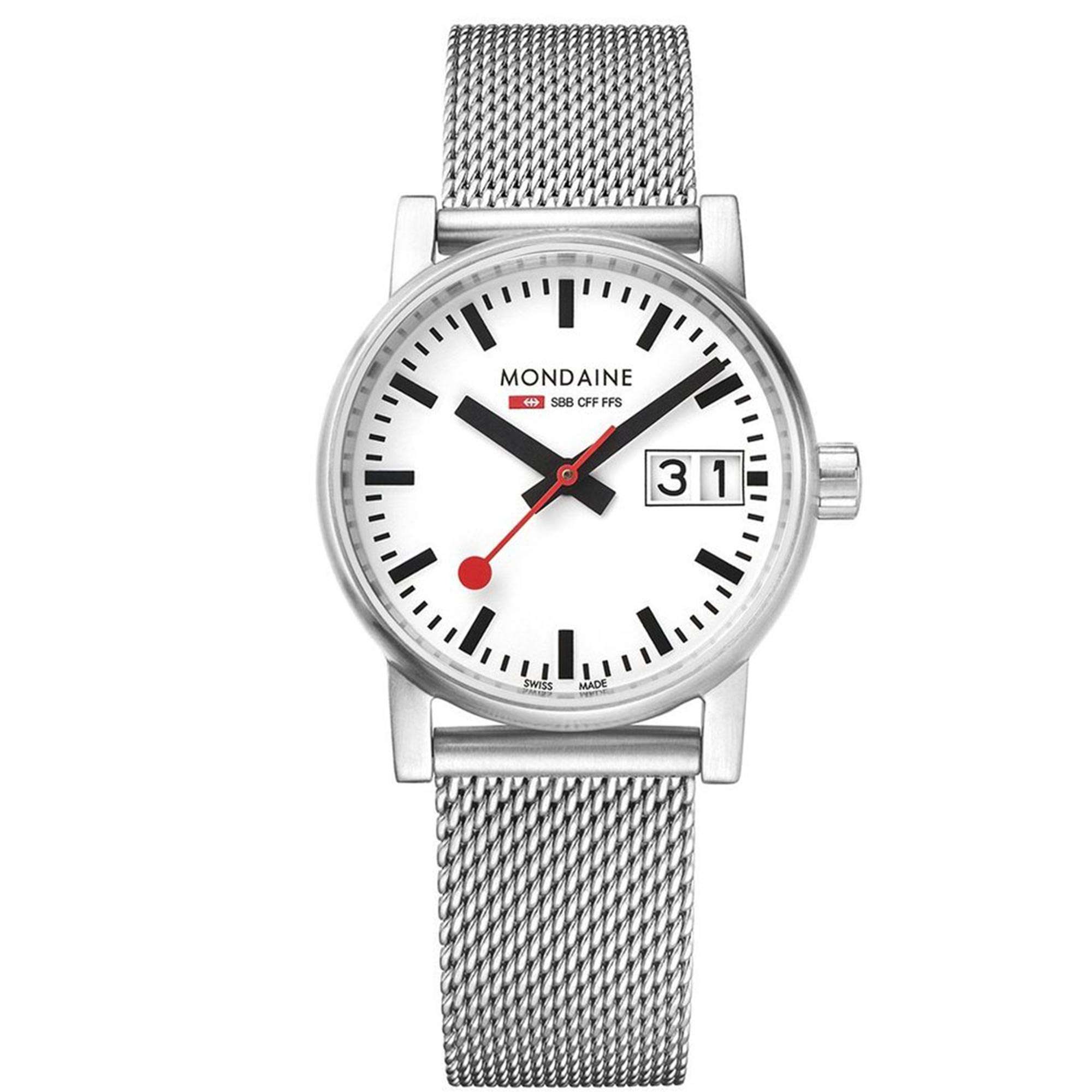 Mondaine evo2 Big Stainless Steel Case Mesh Bracelet White Dial Ladies Watch MSE.30210.SM