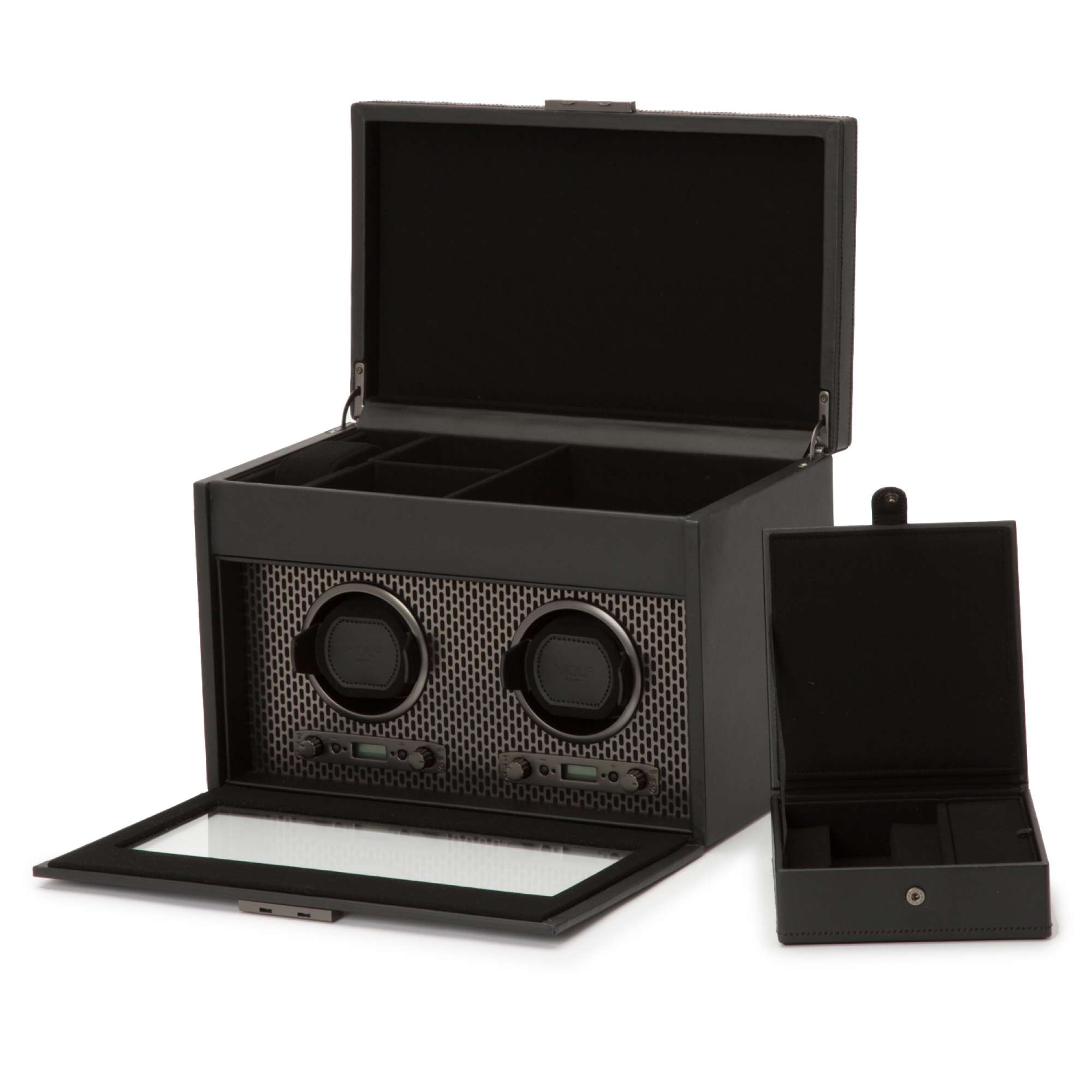 WOLF Axis Black Double Watch Winder With Storage 469303