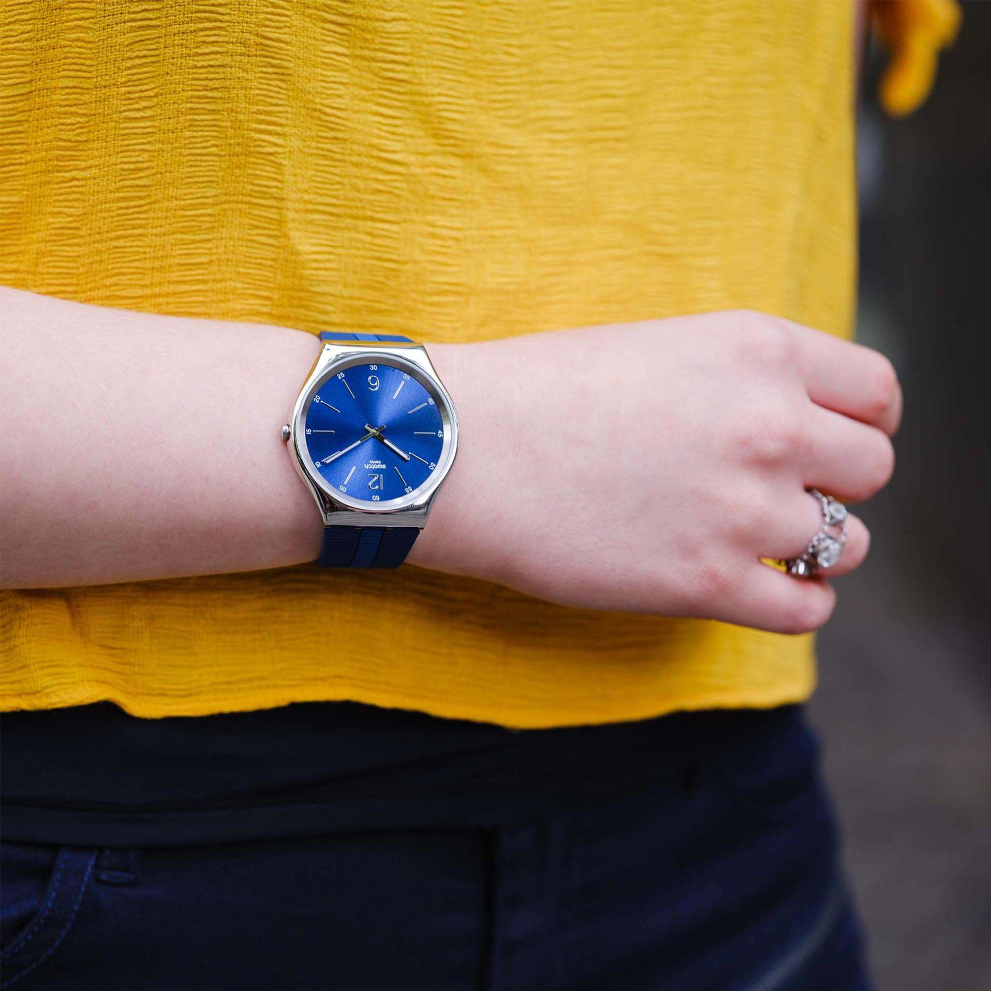 Swatch Bienne By Day Quartz Blue Dial Rubber Strap Watch  SS07S111