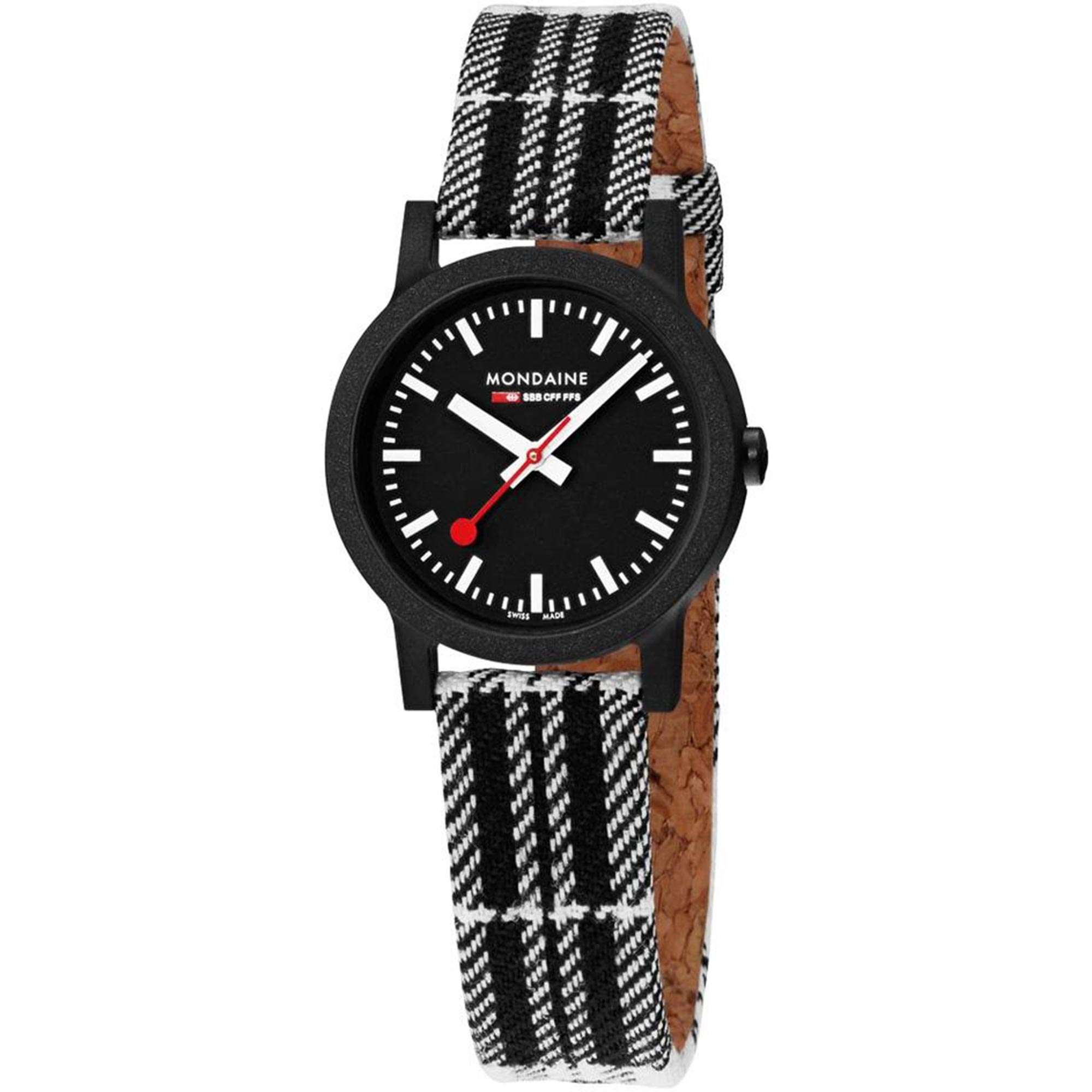 Mondaine Essence Quartz Black Dial Tartan Synthetic Strap Ladies Watch MS1.32120.LB