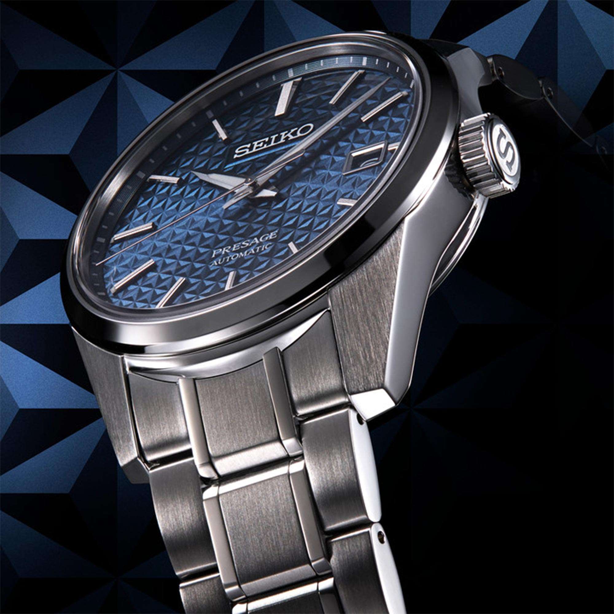 Seiko Presage Sharp Edge Series Blue Dial Silver Stainless Steel Bracelet Automatic Men's Watch SPB167J1