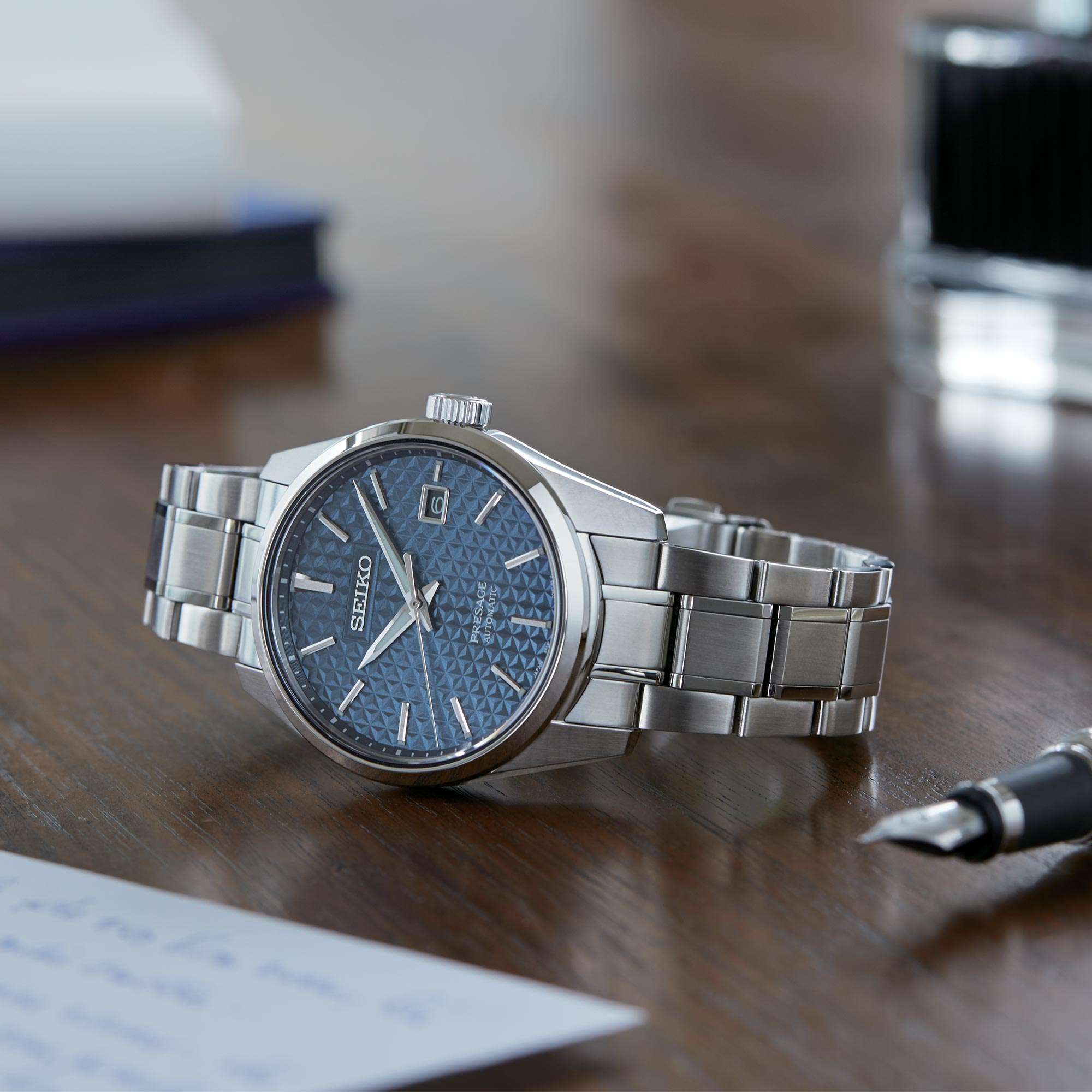 Seiko Presage Sharp Edge Series Blue Dial Silver Stainless Steel Bracelet Automatic Men's Watch SPB167J1