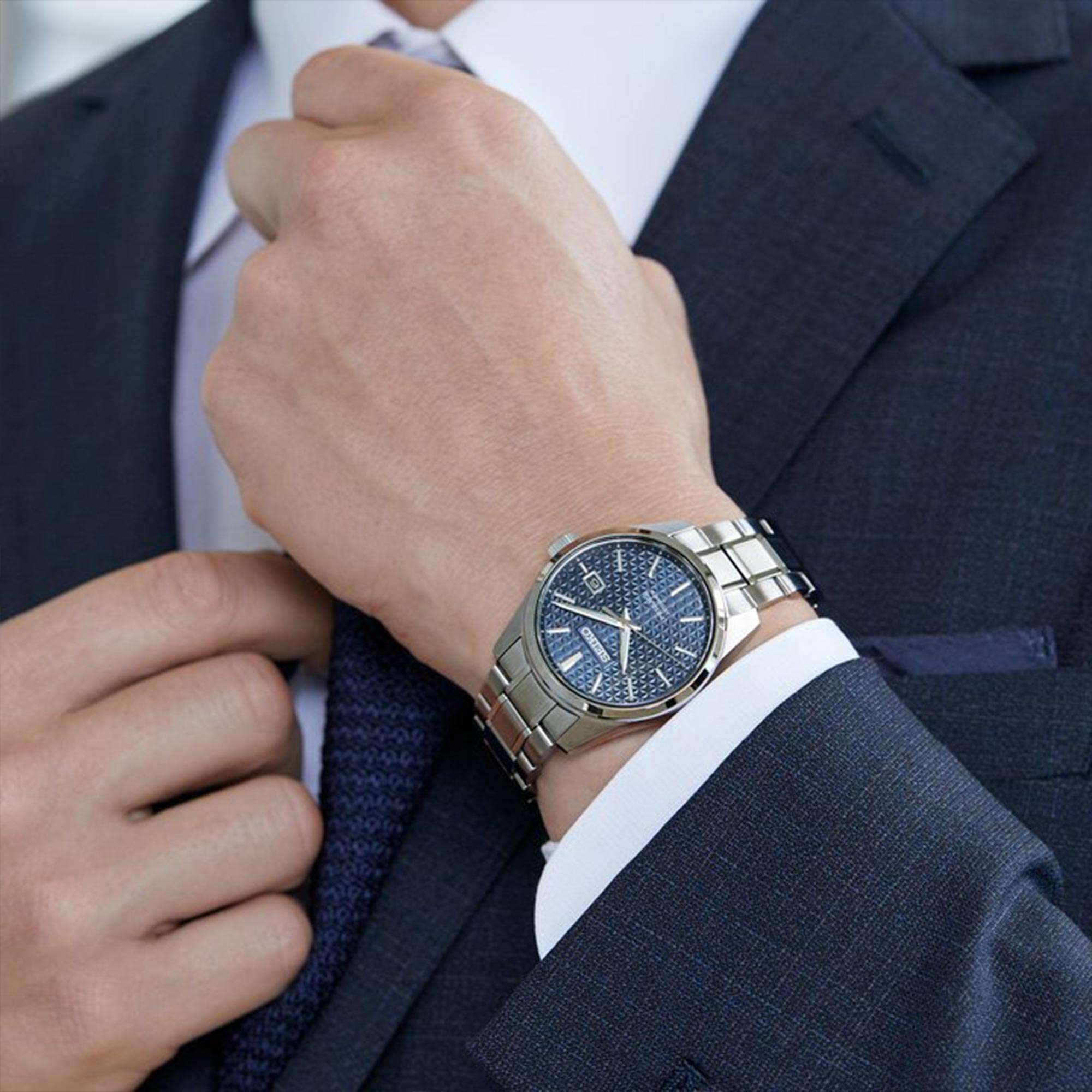 Seiko Presage Sharp Edge Series Blue Dial Silver Stainless Steel Bracelet Automatic Men's Watch SPB167J1