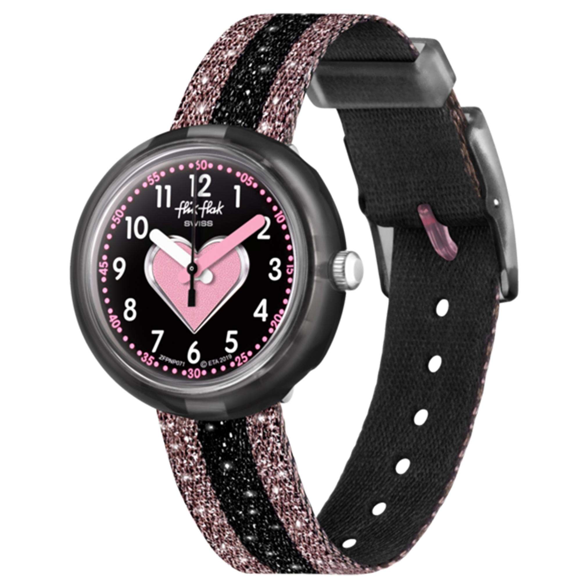 Flik Flak Cuoricino Quartz Black Dial Textile Strap Girls Watch FPNP071
