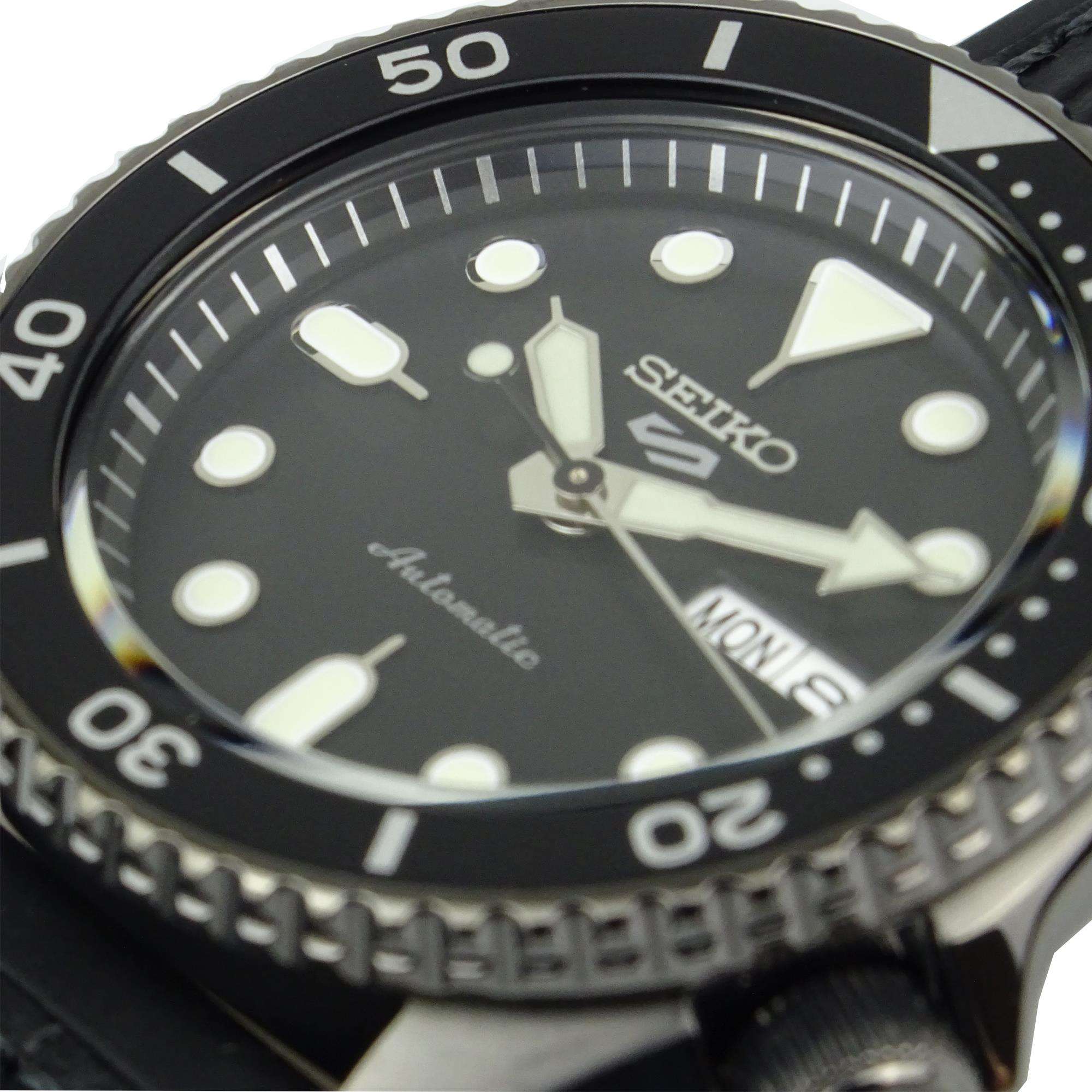 Seiko 5 Sports Automatic Black Dial Black Leather Strap Men's Watch SRPD65K3