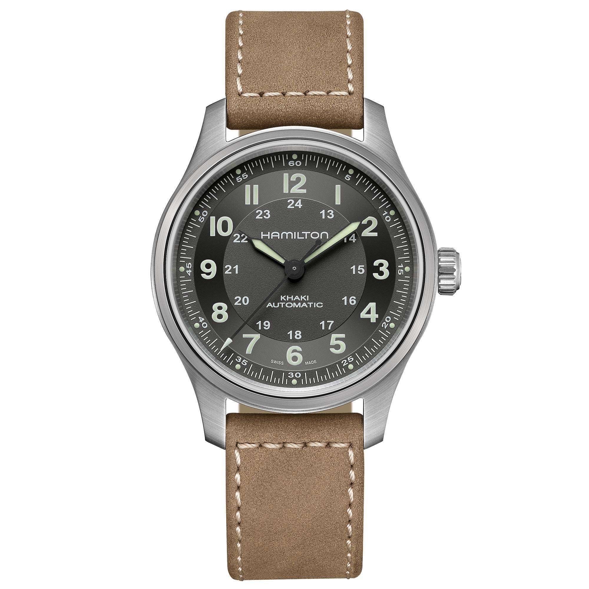 Hamilton Khaki Field Titanium Automatic Black Dial Brown Leather Strap Men's Watch H70545550