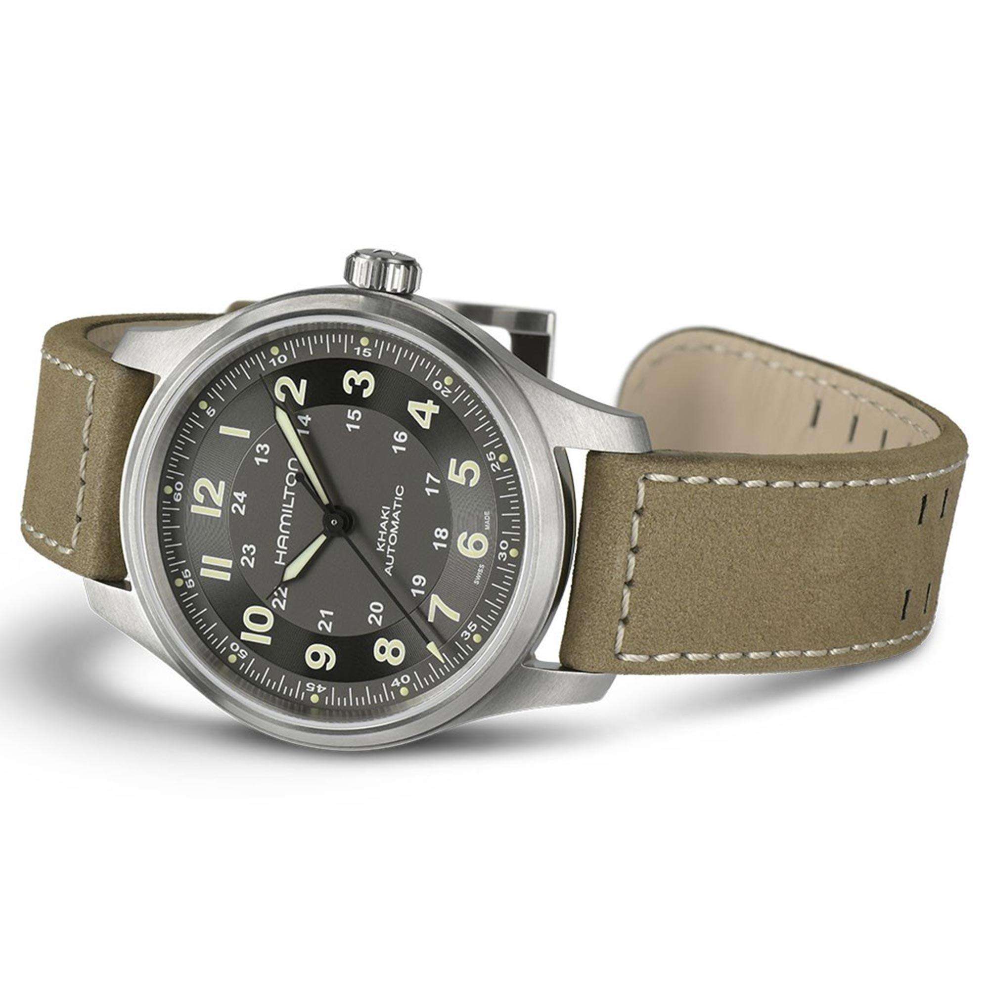 Hamilton Khaki Field Titanium Automatic Black Dial Brown Leather Strap Men's Watch H70545550