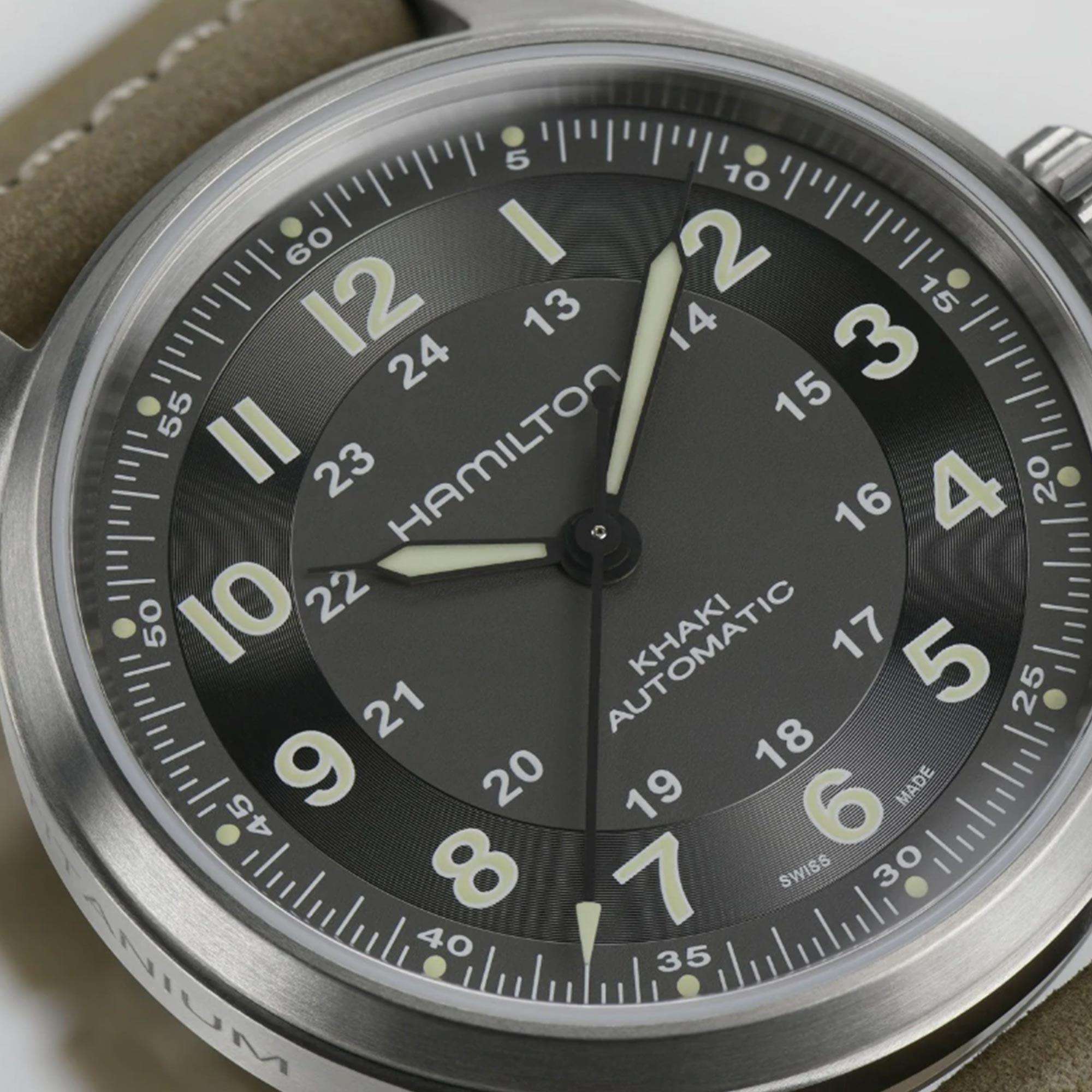Hamilton Khaki Field Titanium Automatic Black Dial Brown Leather Strap Men's Watch H70545550