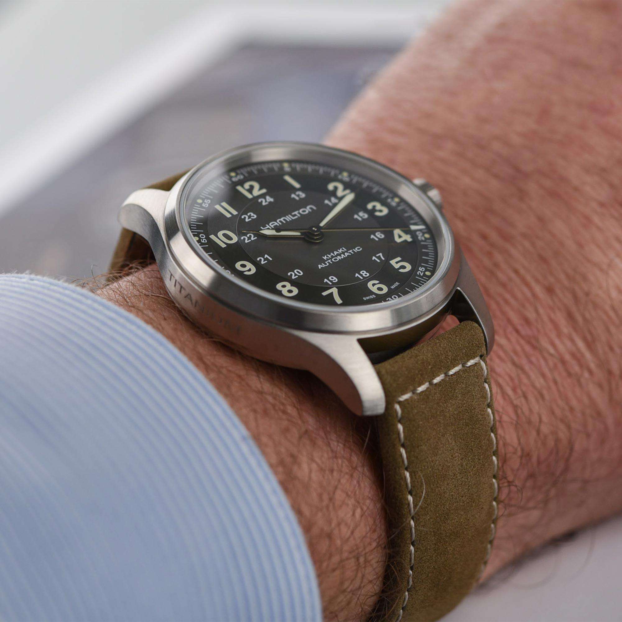 Hamilton Khaki Field Titanium Automatic Black Dial Brown Leather Strap Men's Watch H70545550