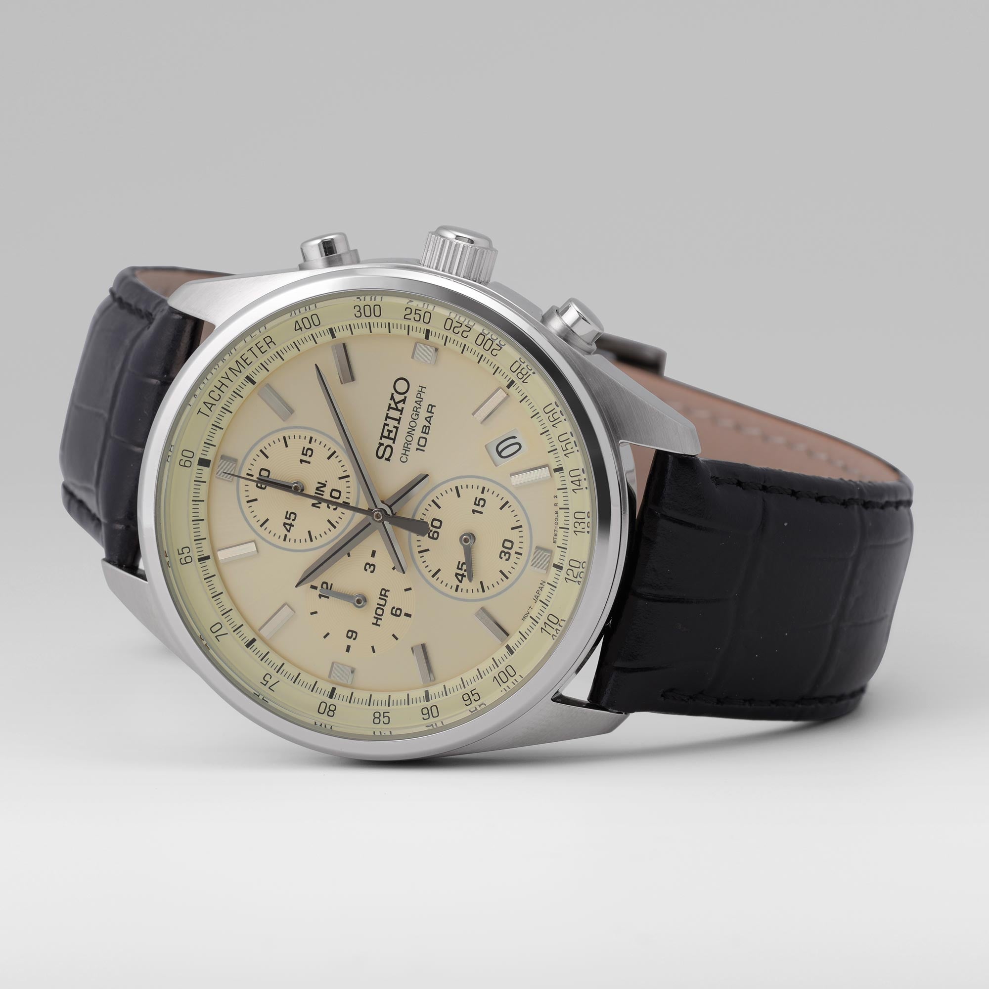 Seiko Conceptual Quartz Chronograph Beige Dial Black Leather Strap Men's Watch SSB383P1