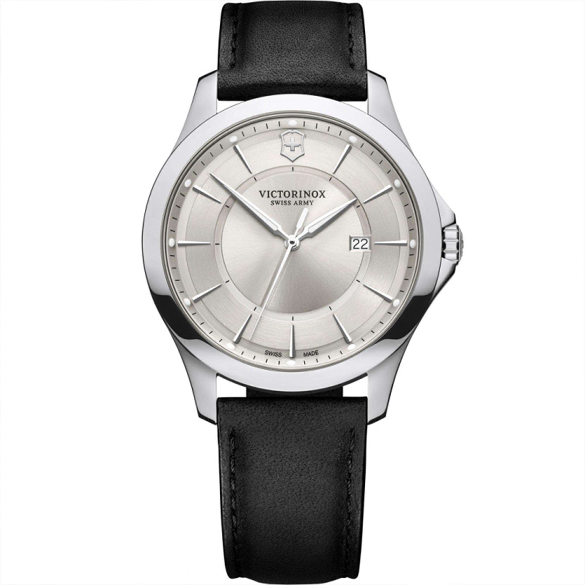 Victorinox Alliance Quartz Silver Dial Black Leather Strap Watch 241905
