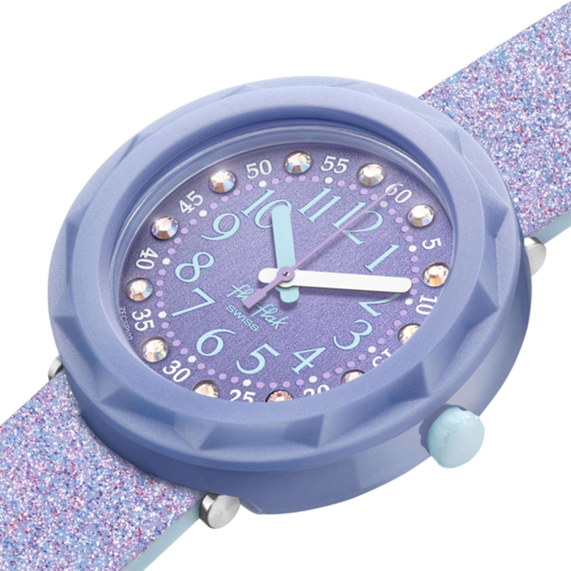 Flik Flak Shine Bright Lilaxus Quartz Movement Purple Dial Silicone Bracelet Girls Watch FCSP102