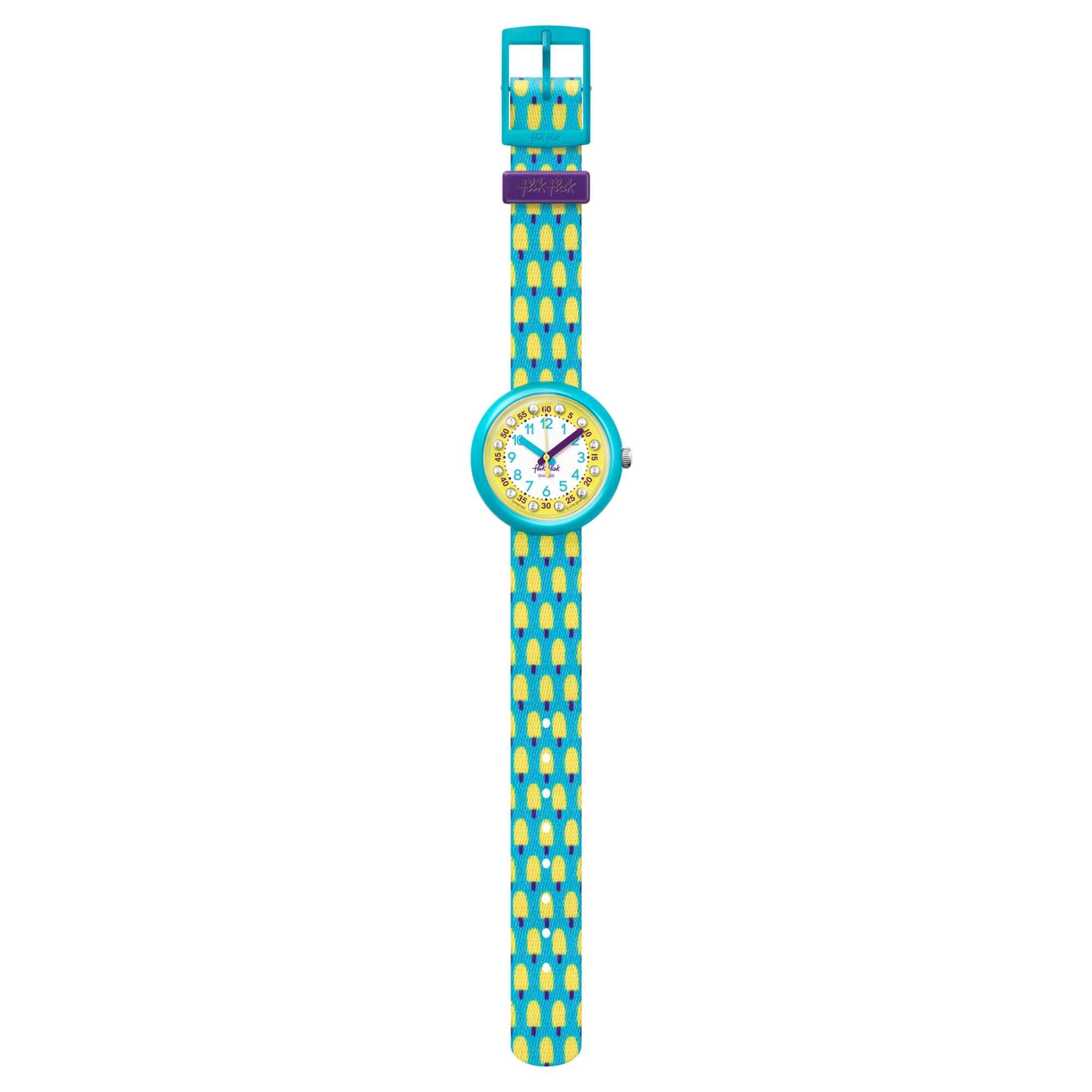 Flik Flak Pool in Miami Lemon Freeze Quartz Movement Yellow Dial Textile Bracelet Kids Watch FPNP062