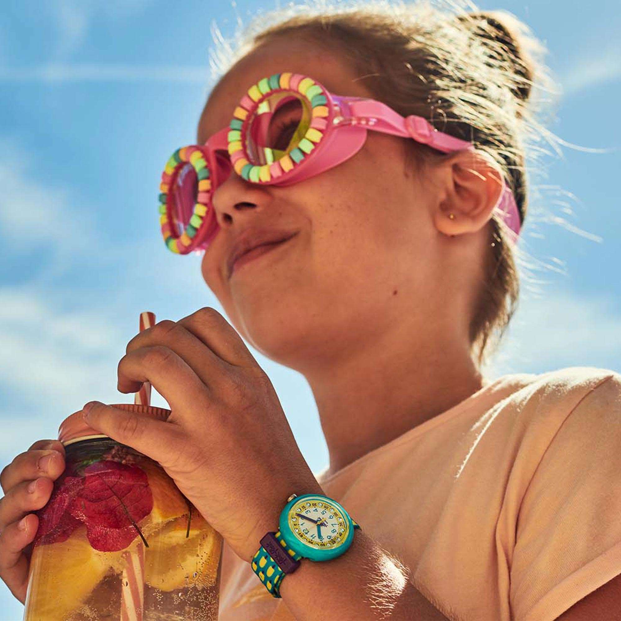 Flik Flak Pool in Miami Lemon Freeze Quartz Movement Yellow Dial Textile Bracelet Kids Watch FPNP062