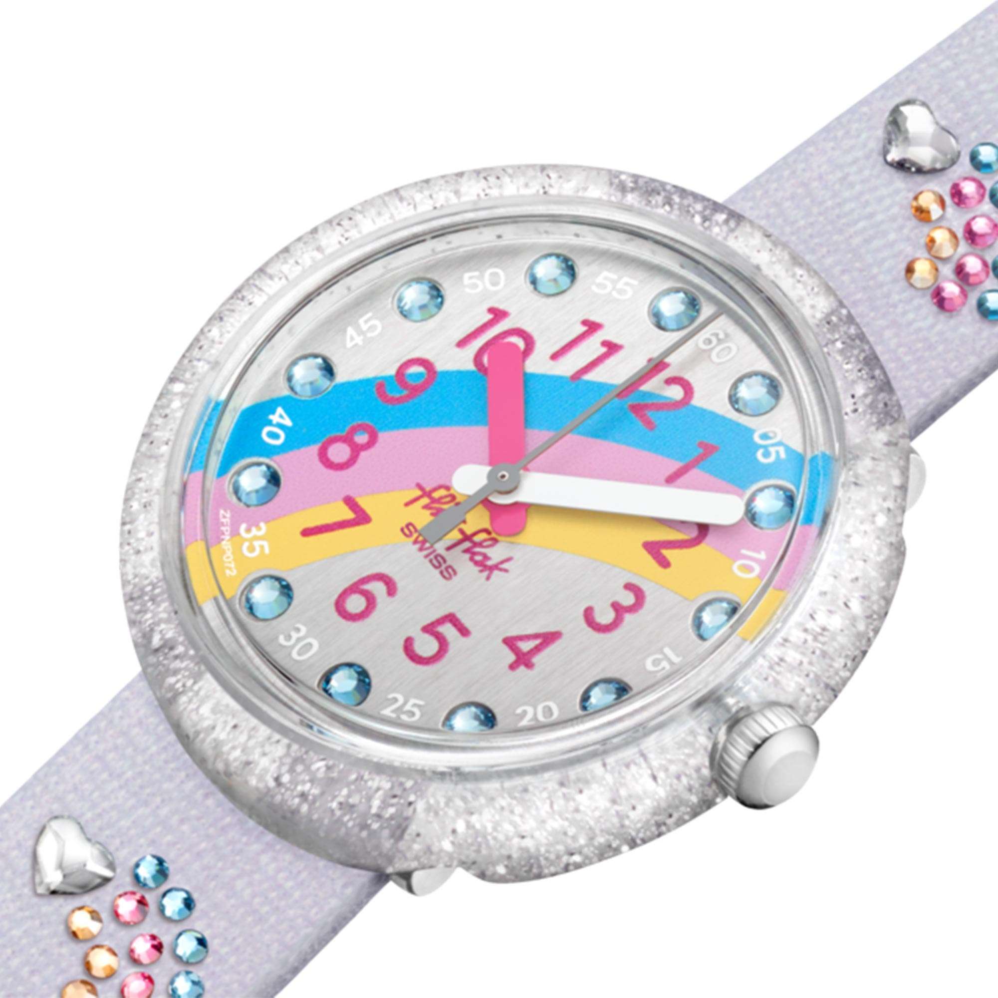 Flik Flak Shine Bright Over The Rainbow Quartz Movement Grey Dial Plastic Bracelet Kids Watch FPNP072