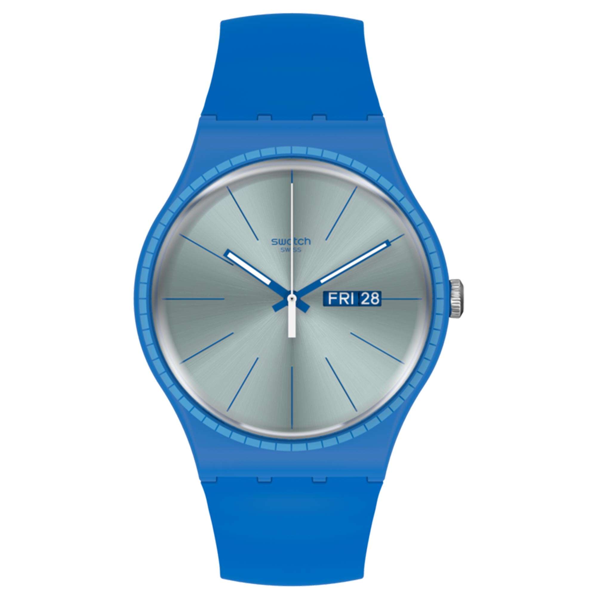 Swatch Essentials Blue Rails Quartz Movement Silver Dial Silicone Bracelet Mens Watch SUON714