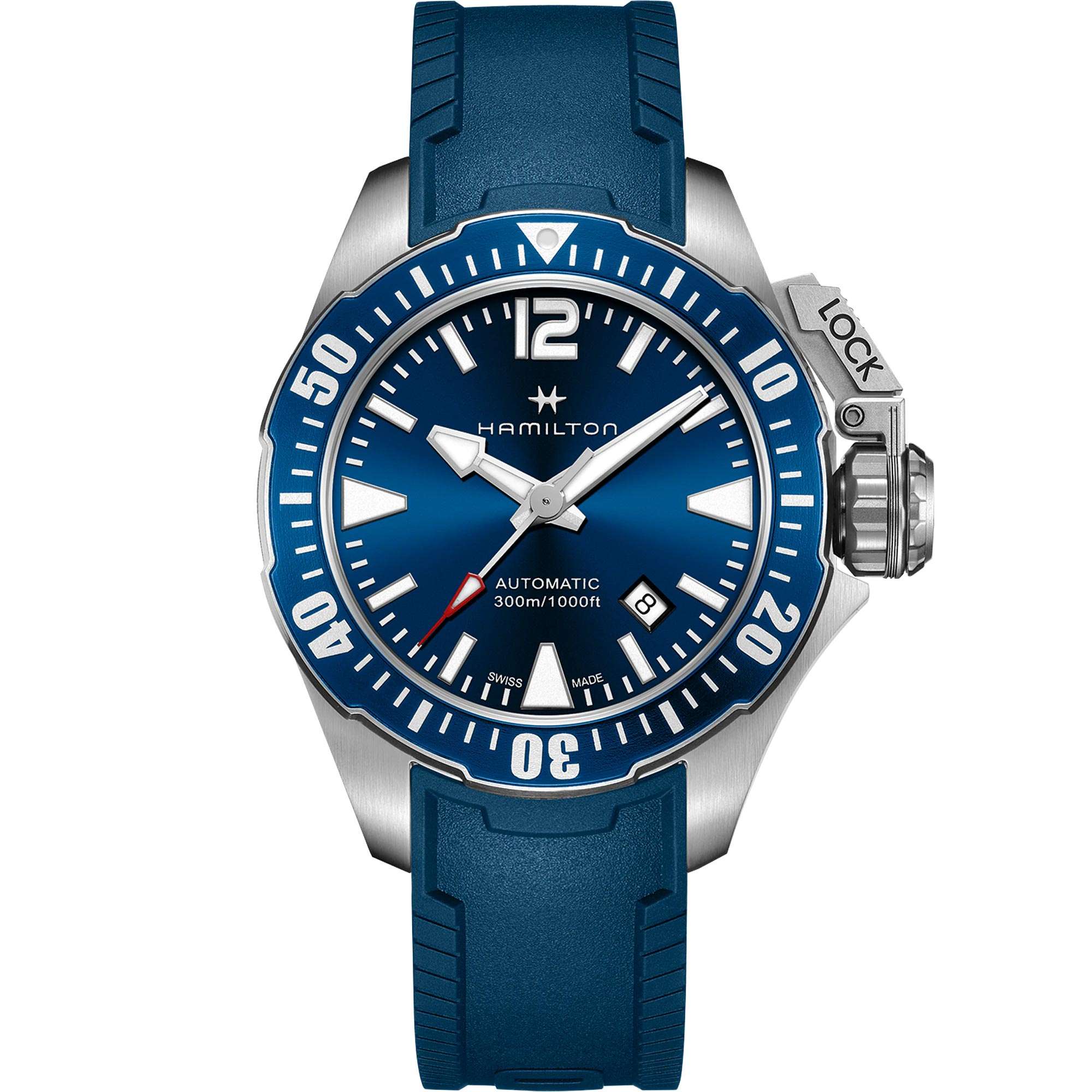 Hamilton Khaki Navy Frogman Automatic Blue Dial Blue Silicone Strap Men's Watch H77705345