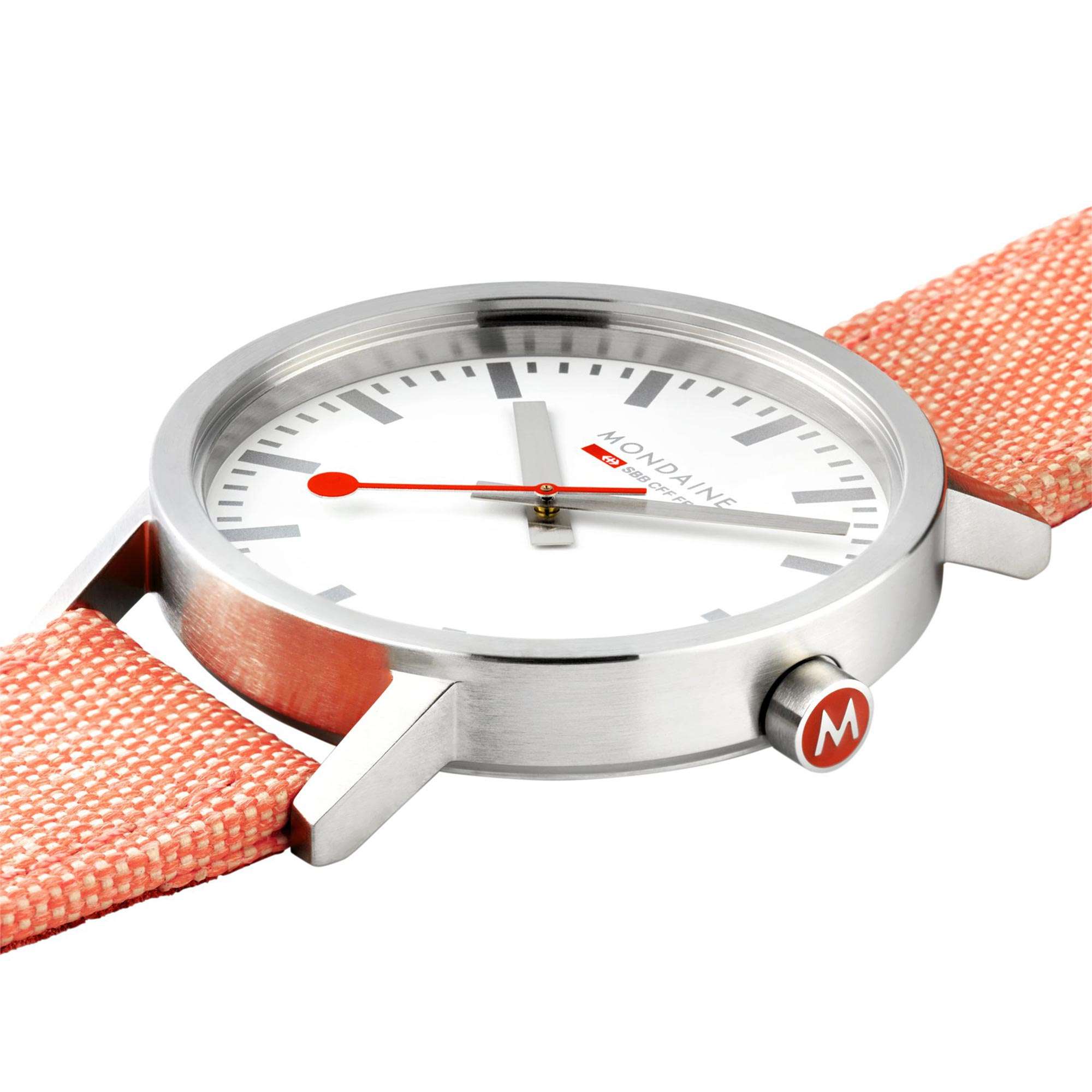 Mondaine Classic Quartz White Dial Orange Recycled Textile Strap Ladies Watch A658.30323.17SBF