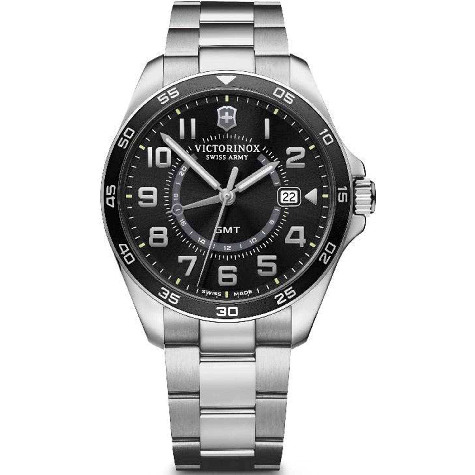 Victorinox Swiss Army Watch Fieldforce GMT Quartz Movement Black Dial Stainless Steel Bracelet Watch 241930