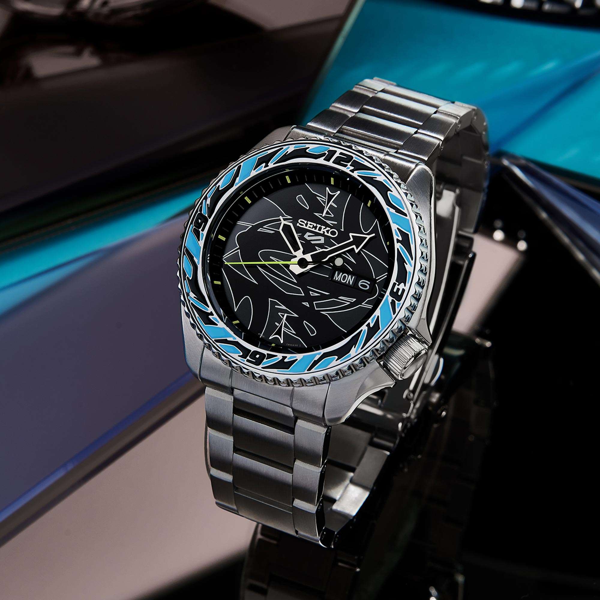 Seiko 5 Sports GucciMaze Limited Edition Automatic Black Dial Silver Stainless Steel Bracelet Men's Watch SRPG65K1