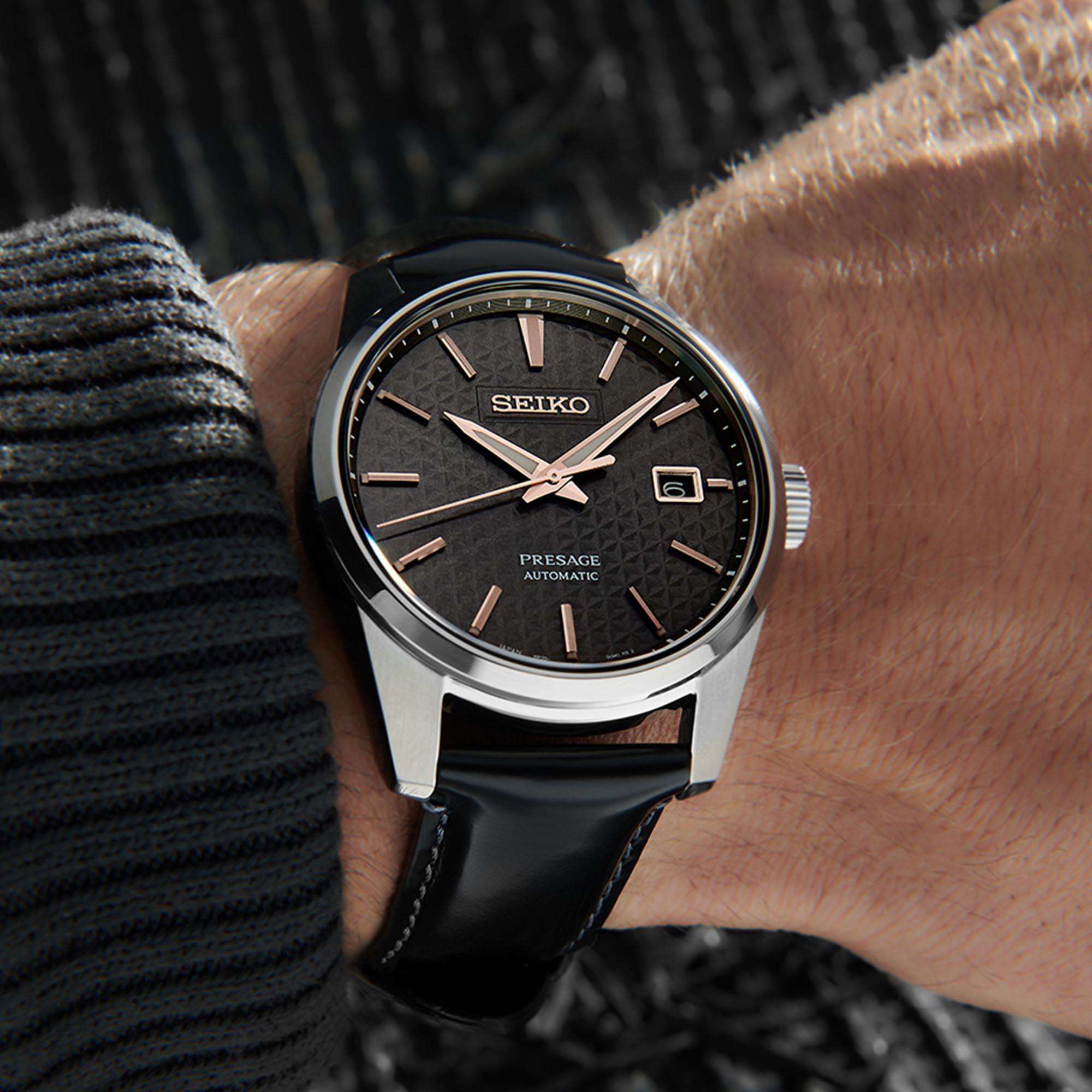 Seiko Presage Sharp Edge Series Automatic Black Dial Black Leather Strap Men's Watch SPB231J1