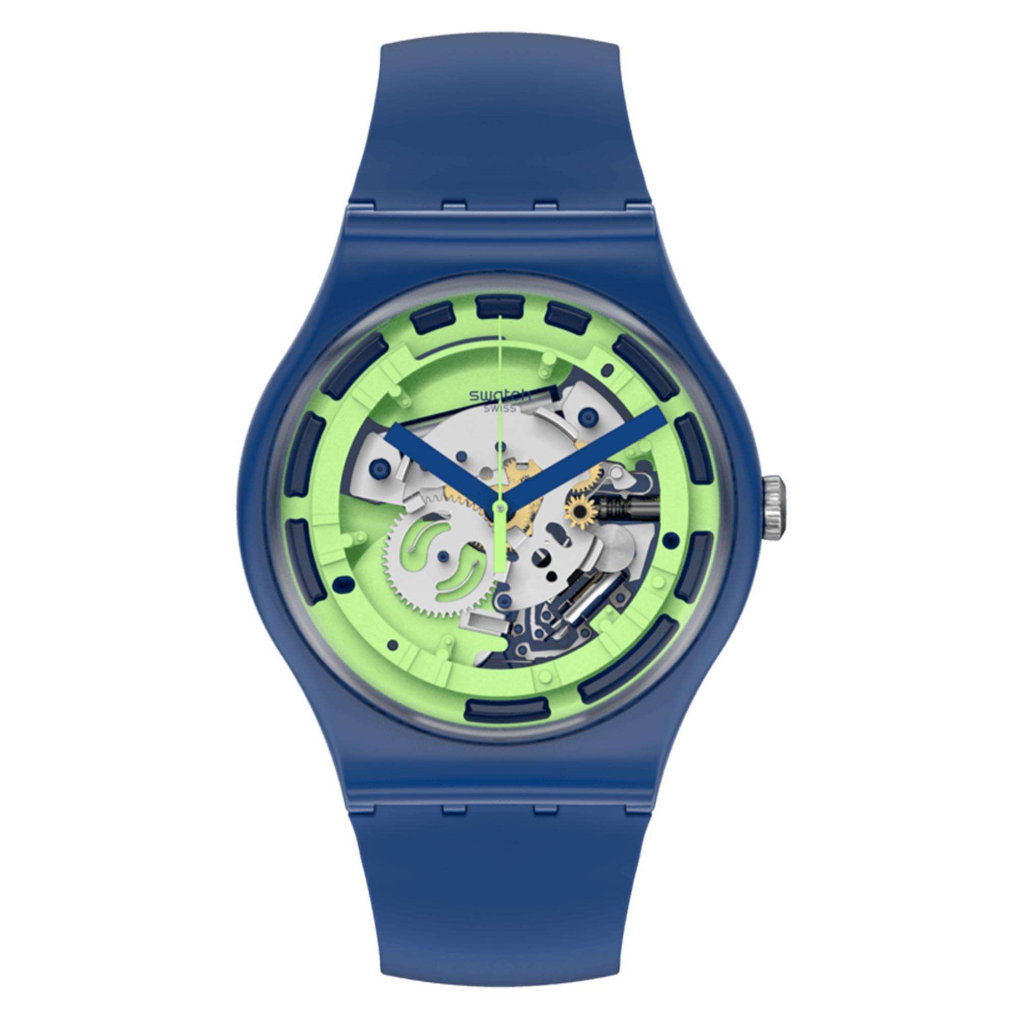 Swatch Blue Anatomy Quartz Transparent Dial Green Silicone Strap Watch SUON147