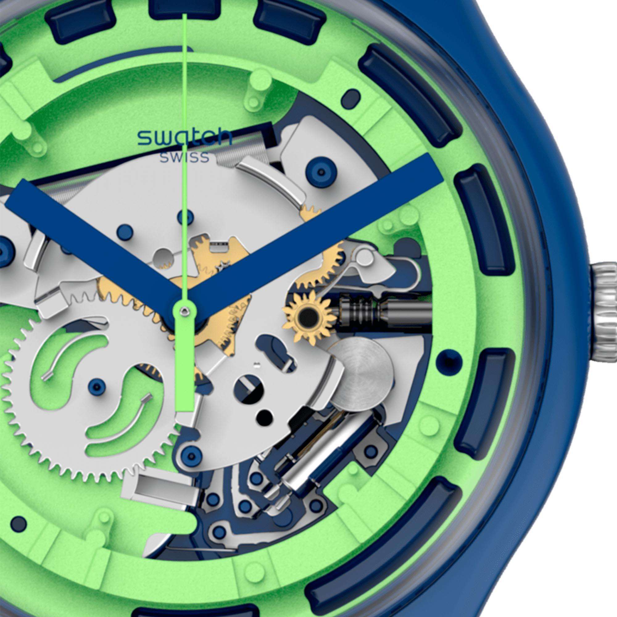 Swatch Blue Anatomy Quartz Transparent Dial Green Silicone Strap Watch SUON147
