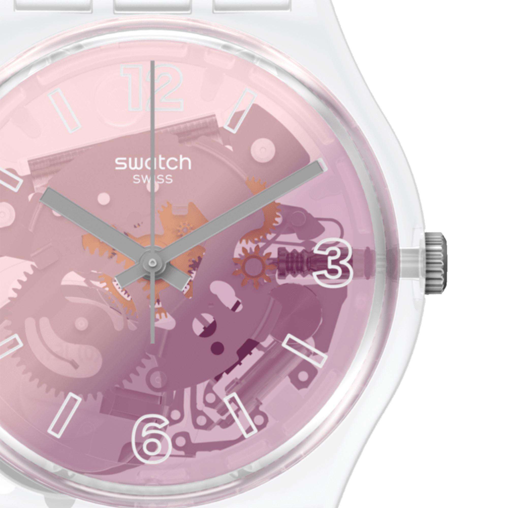 Swatch Pink Disco Fever Quartz Pink Dial White Silicone Strap Watch GE290