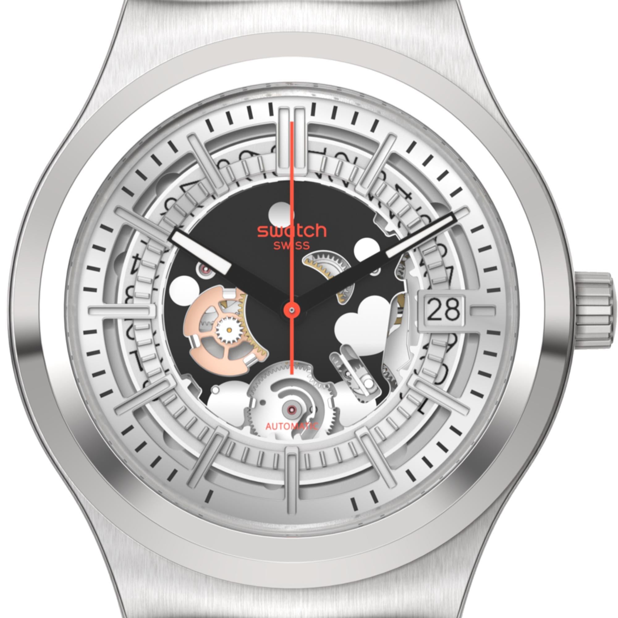 Swatch Irony Sistem51 Sistem Though Again Automatic Silver Skeleton Dial Black Rubber Strap Men’s Watch YIS431