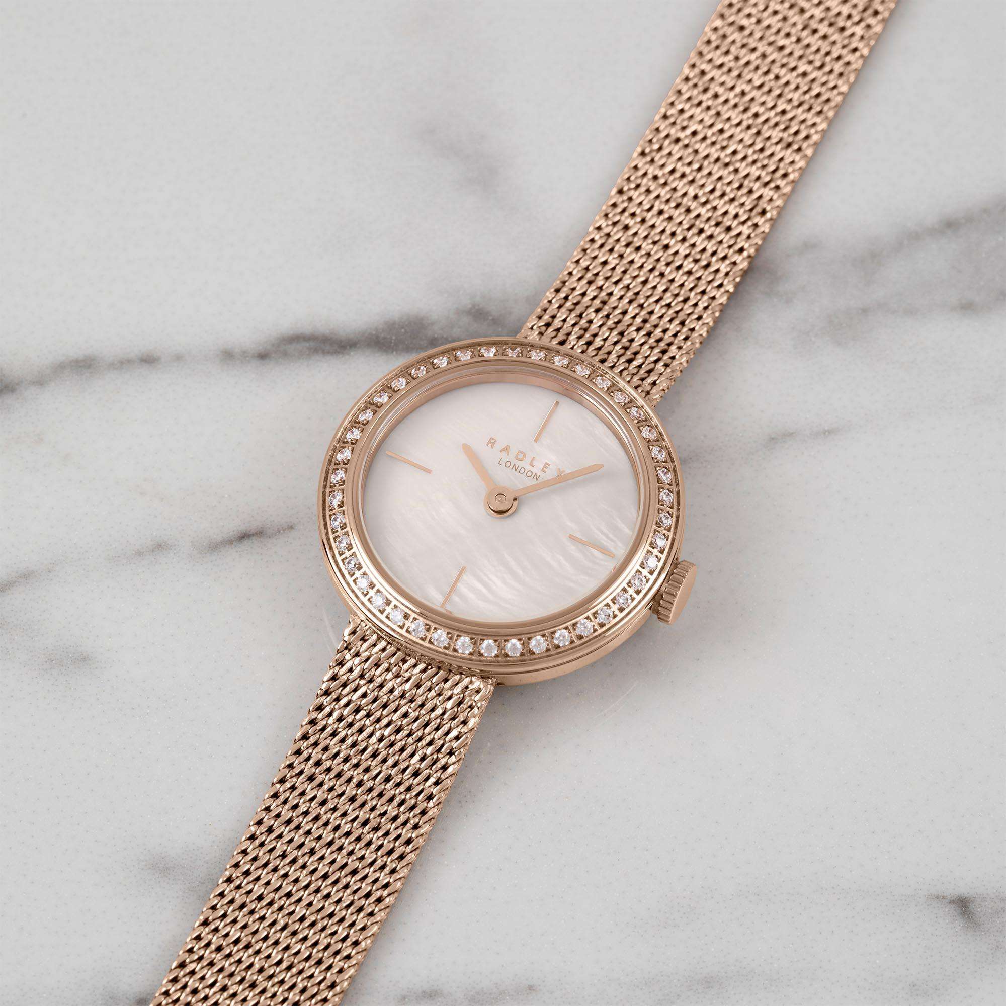 Radley Quartz Pink Dial Gold Milanese Brass Bracelet Ladies Watch RY4570