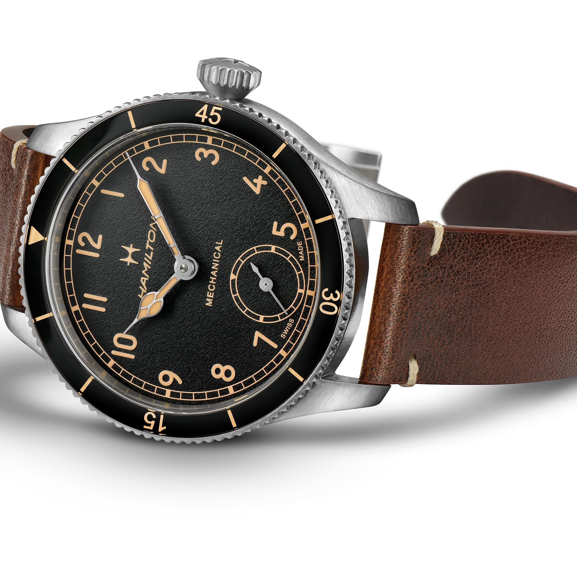 Hamilton Khaki Aviation Pilot Pioneer Mechanical Black Dial Brown Leather Strap Men’s Watch H76719530