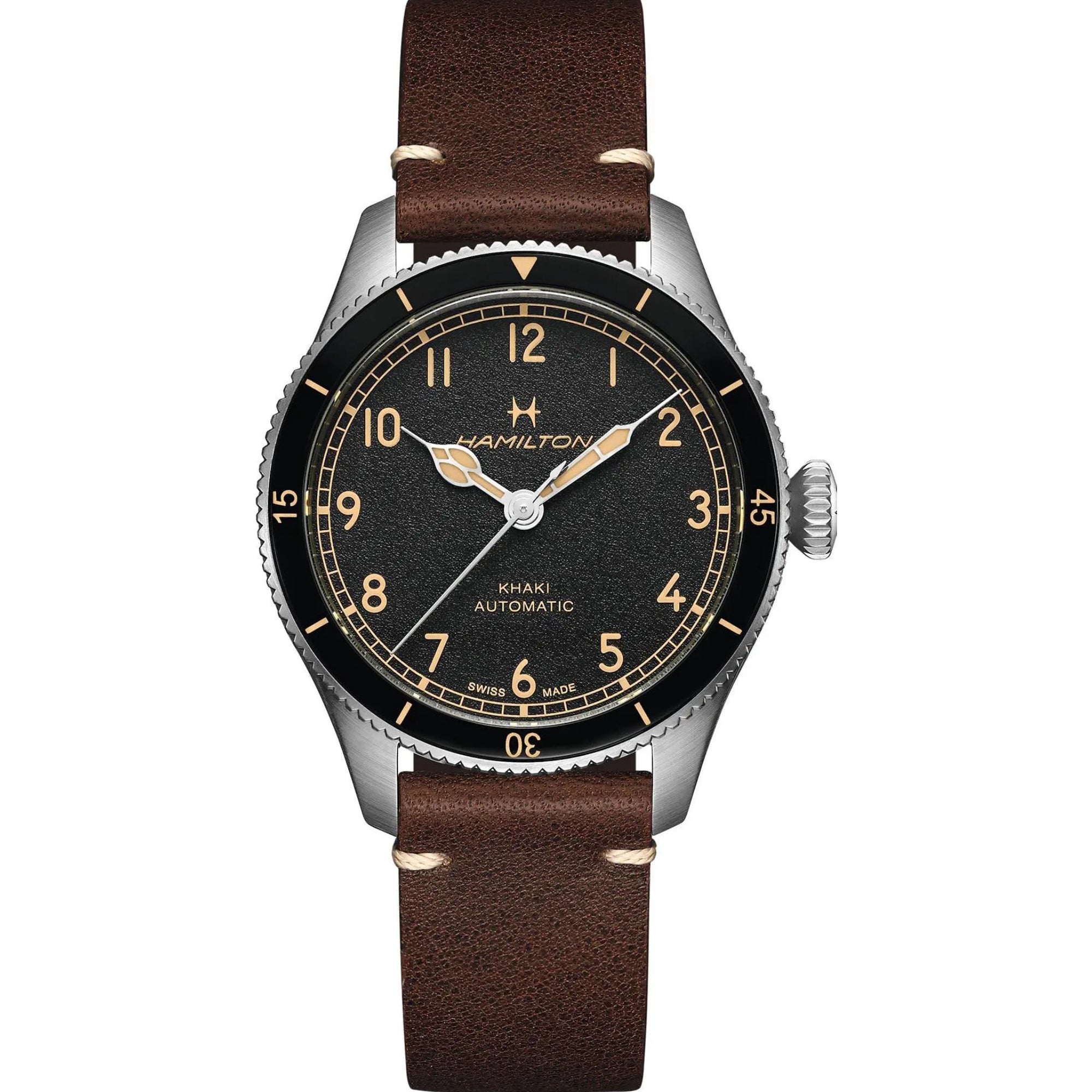 Hamilton Khaki Aviation Pilot Pioneer Automatic Black Dial Brown Leather Strap Men's Watch H76205530