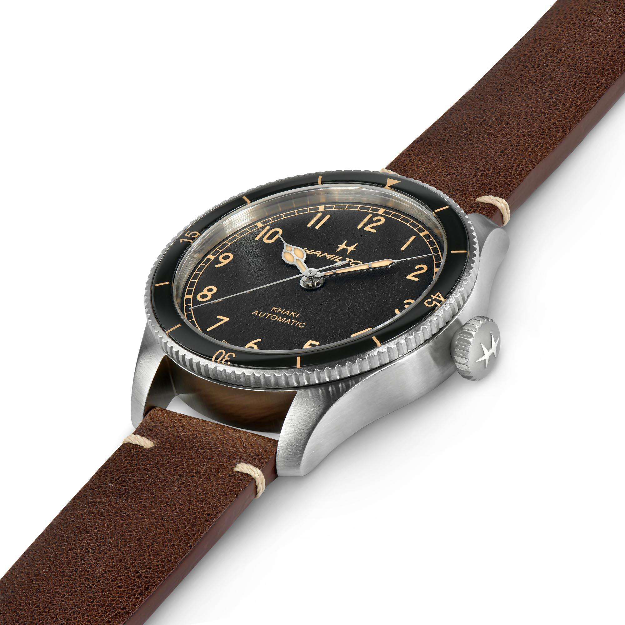 Hamilton Khaki Aviation Pilot Pioneer Automatic Black Dial Brown Leather Strap Men's Watch H76205530