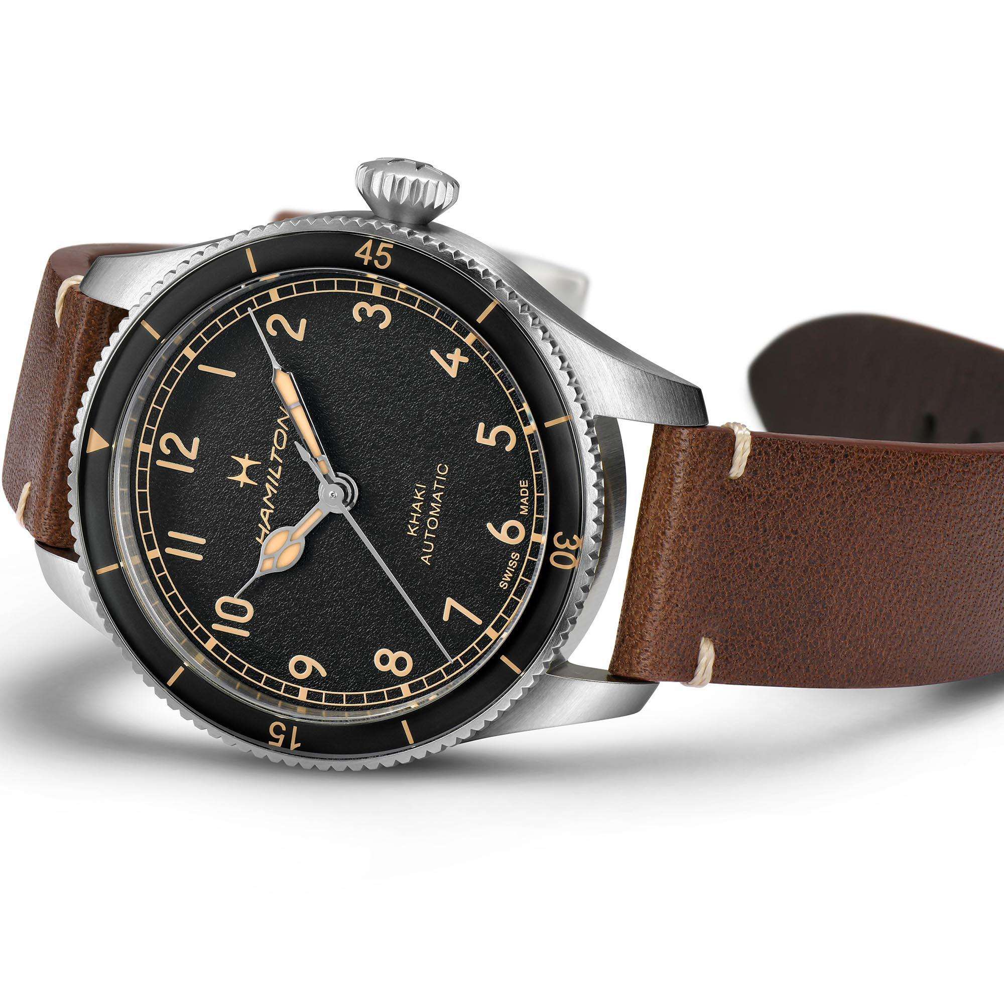 Hamilton Khaki Aviation Pilot Pioneer Automatic Black Dial Brown Leather Strap Men's Watch H76205530